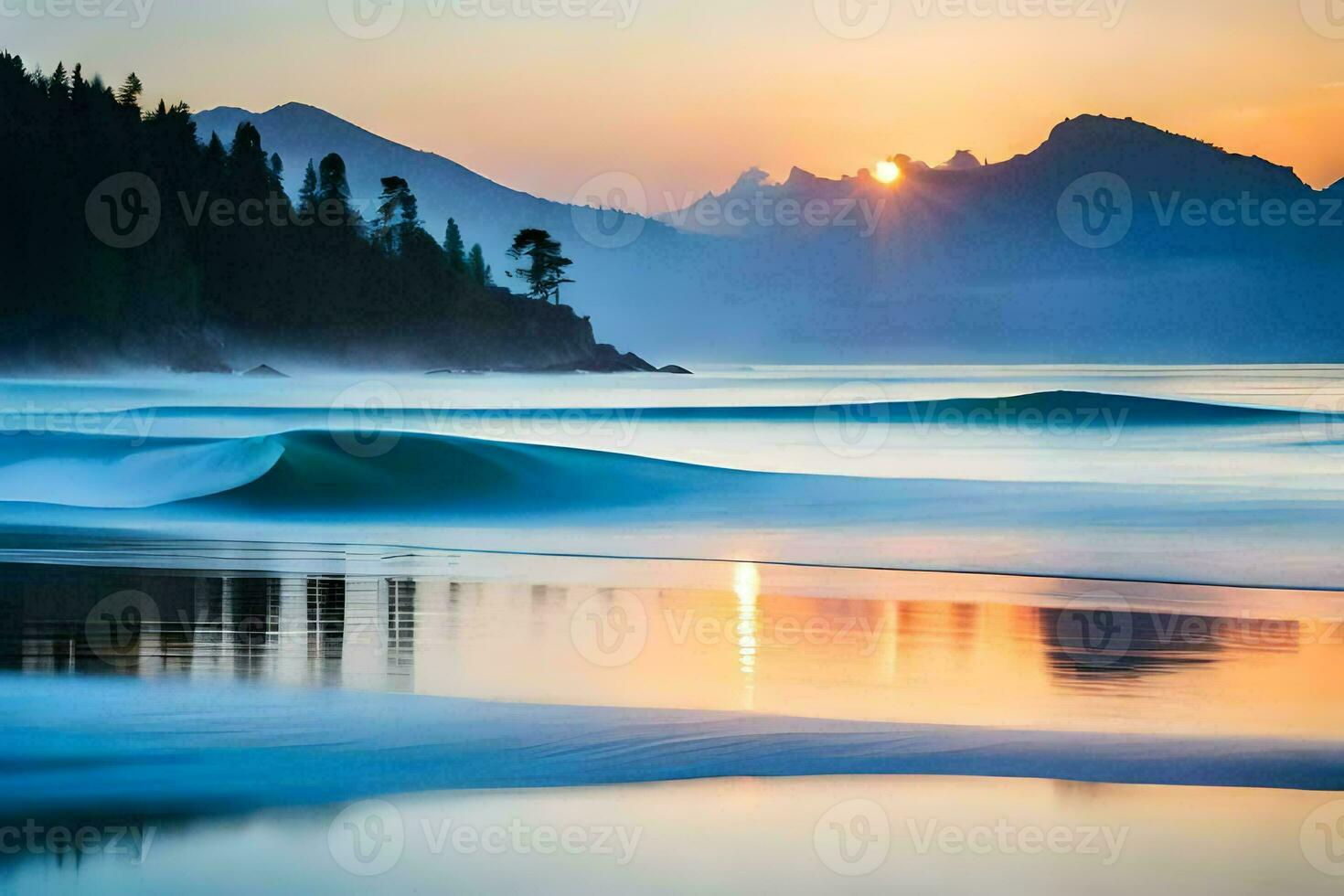 uma lindo nascer do sol sobre a oceano e montanhas. gerado por IA foto