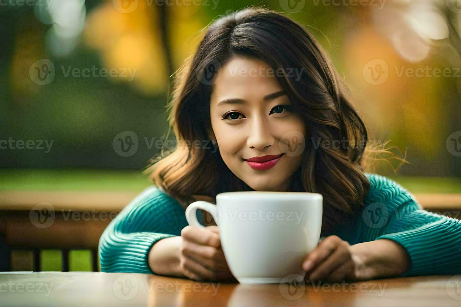 uma mulher é sorridente enquanto segurando uma copo do café. gerado por IA foto