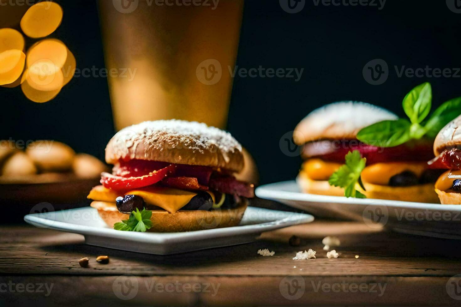 dois pequeno pratos com hambúrgueres e cerveja. gerado por IA foto