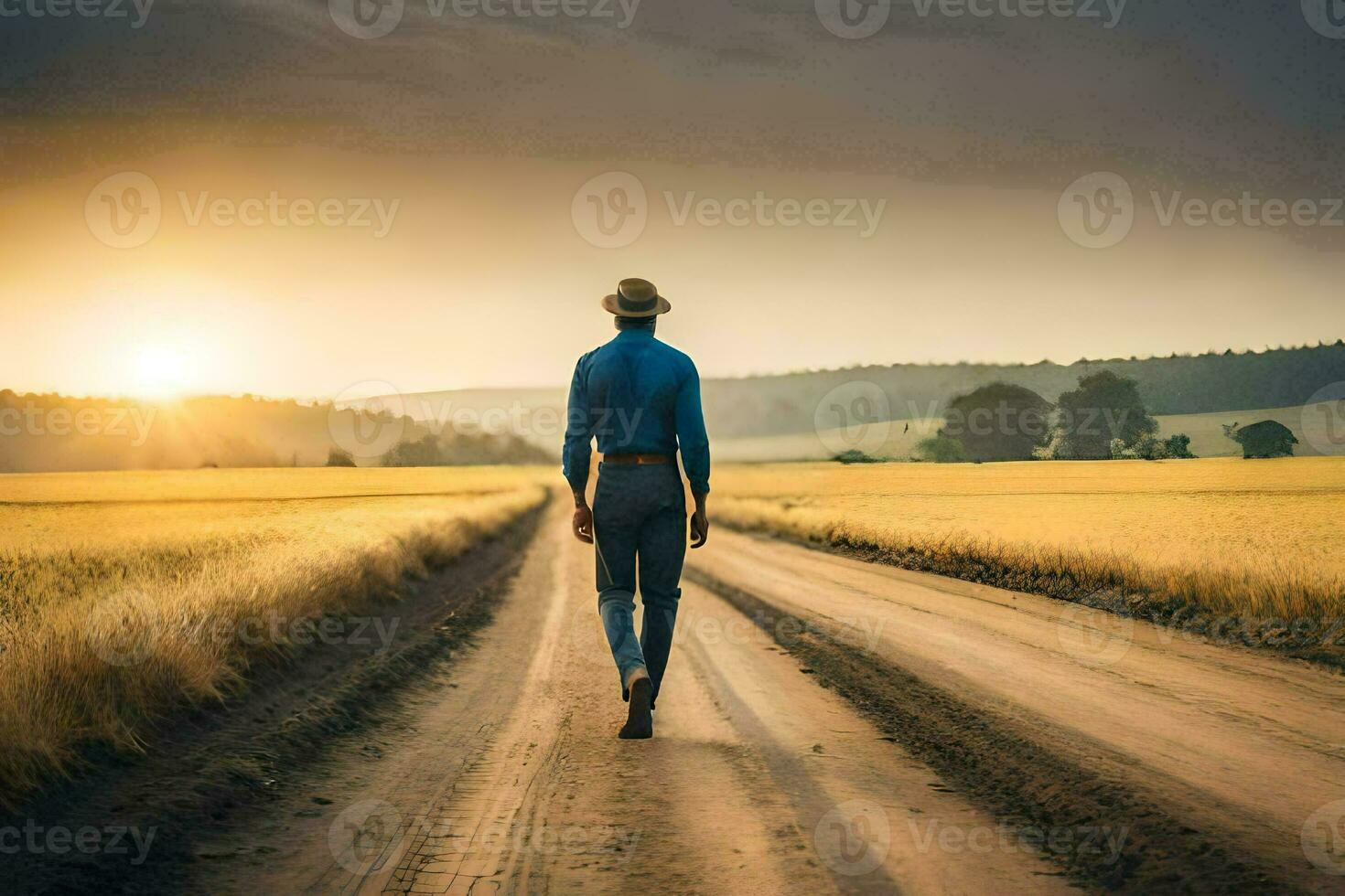 uma homem dentro uma azul camisa e chapéu caminhando baixa uma sujeira estrada. gerado por IA foto