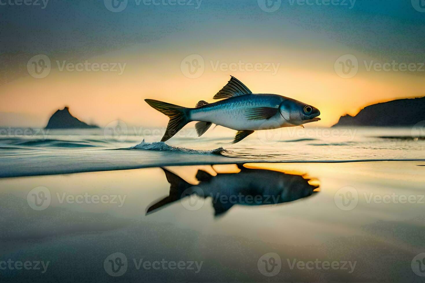 uma peixe é pulando Fora do a água às pôr do sol. gerado por IA foto