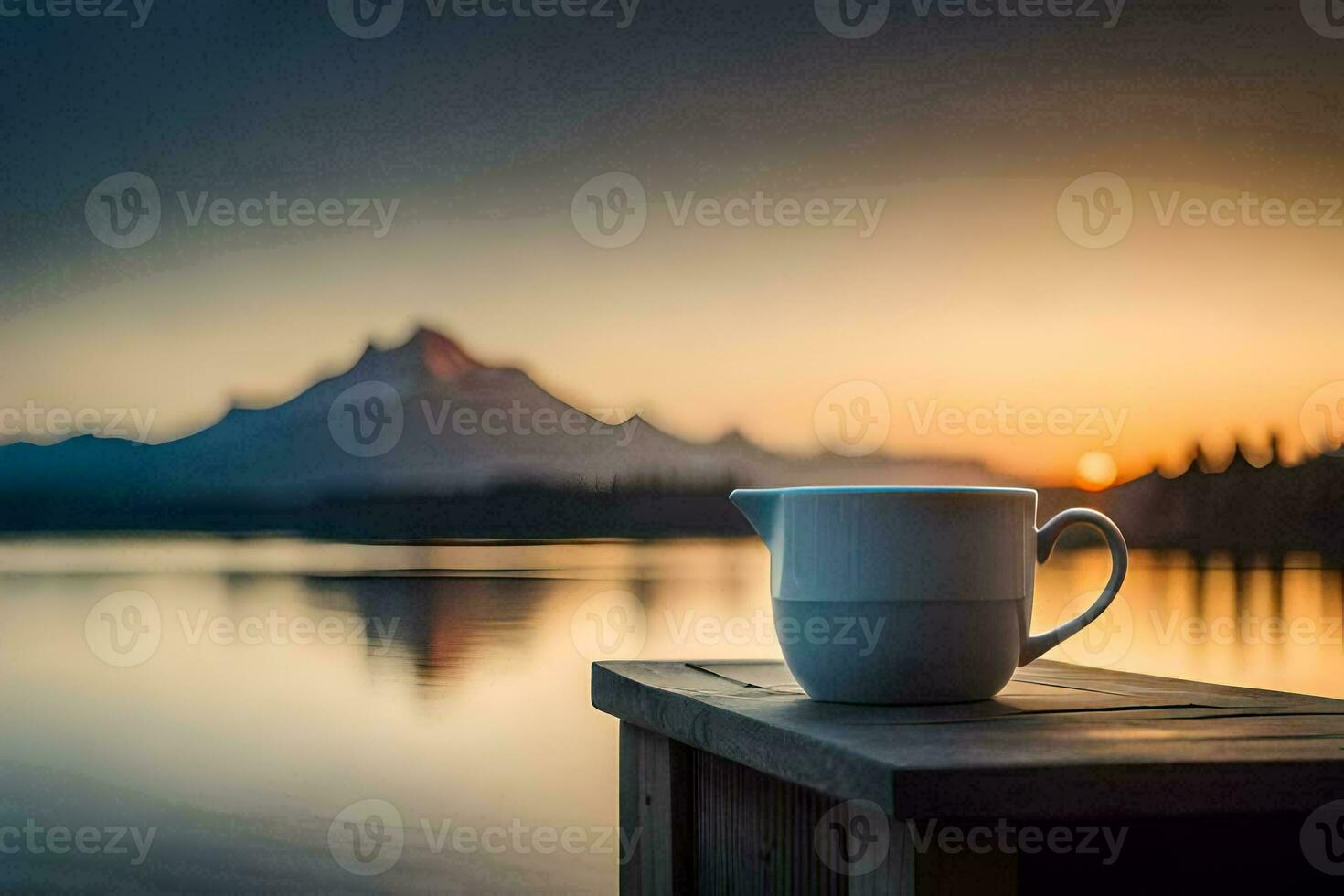 uma café copo senta em uma de madeira mesa negligenciar uma lago. gerado por IA foto