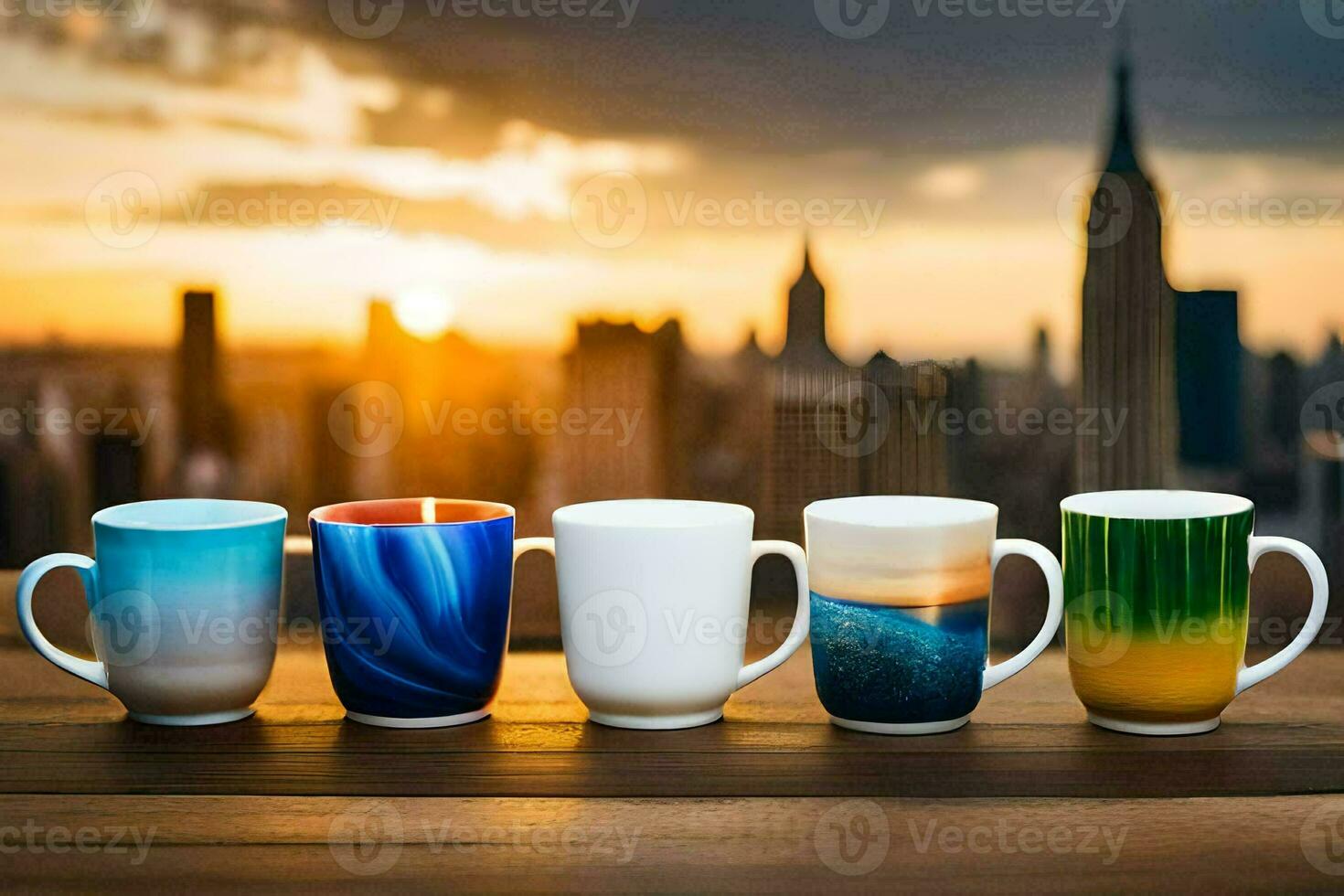 cinco café canecas forrado acima em uma mesa com uma cidade Horizonte dentro a fundo. gerado por IA foto