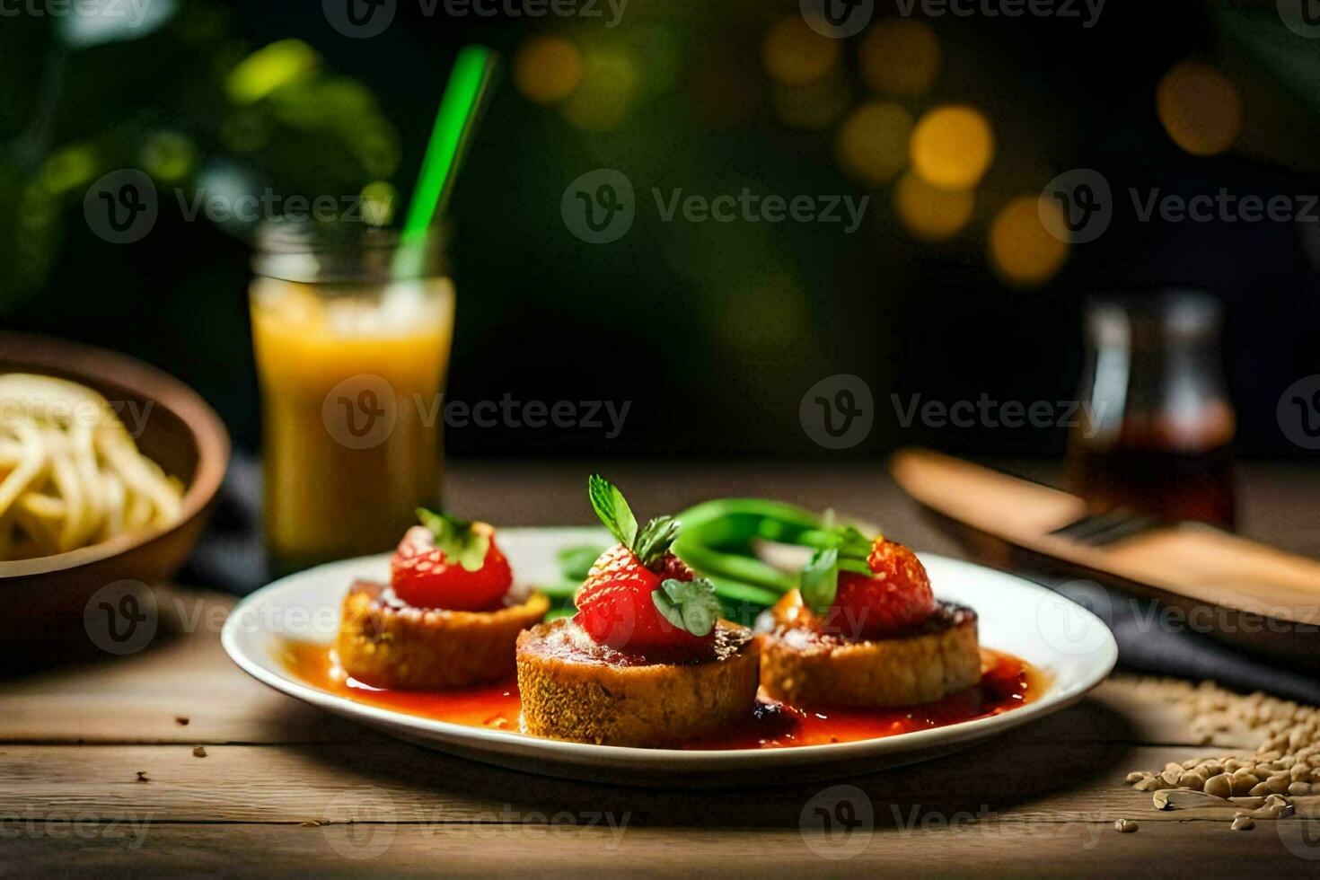 três peças do Comida em uma prato com molho. gerado por IA foto