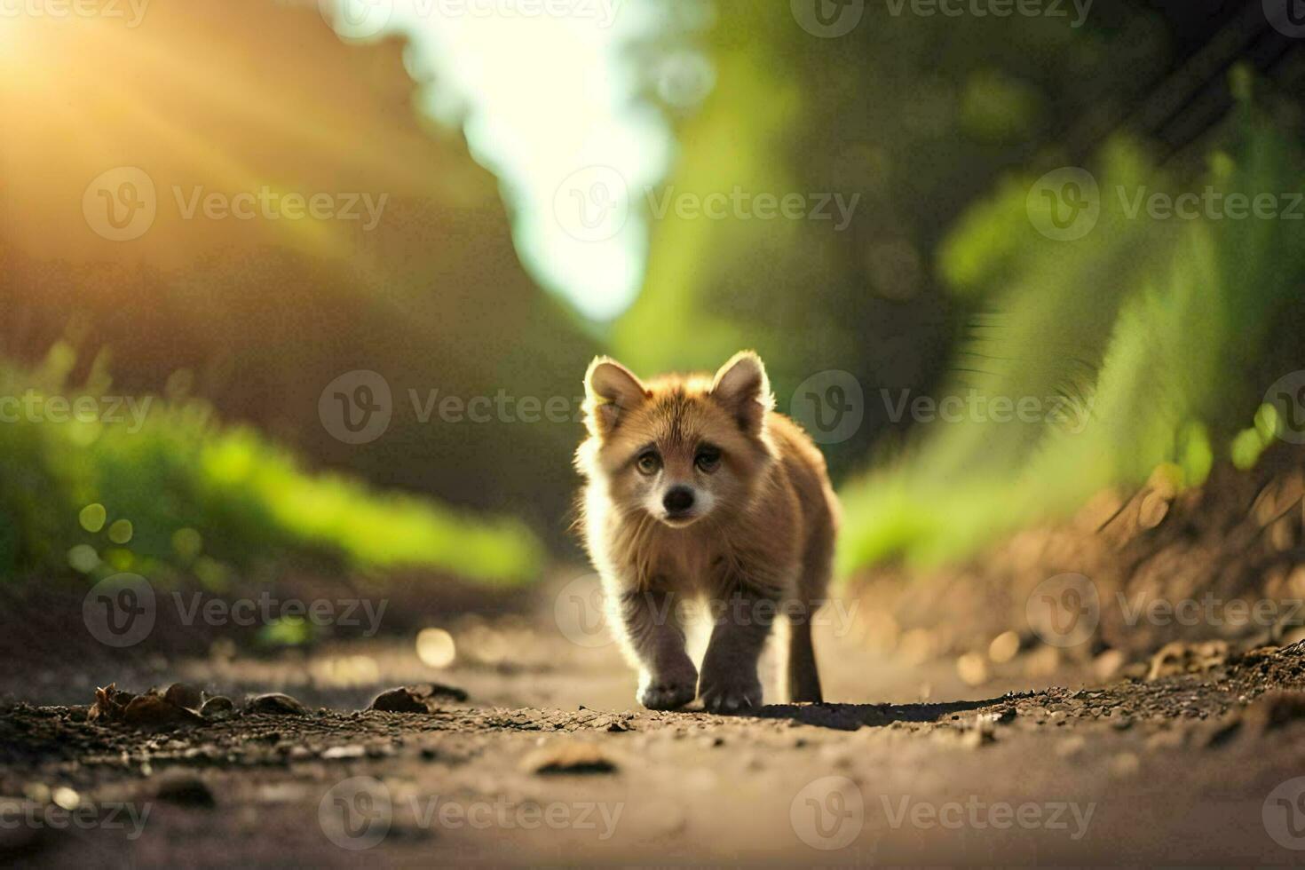 uma pequeno cachorro caminhando baixa uma sujeira estrada. gerado por IA foto