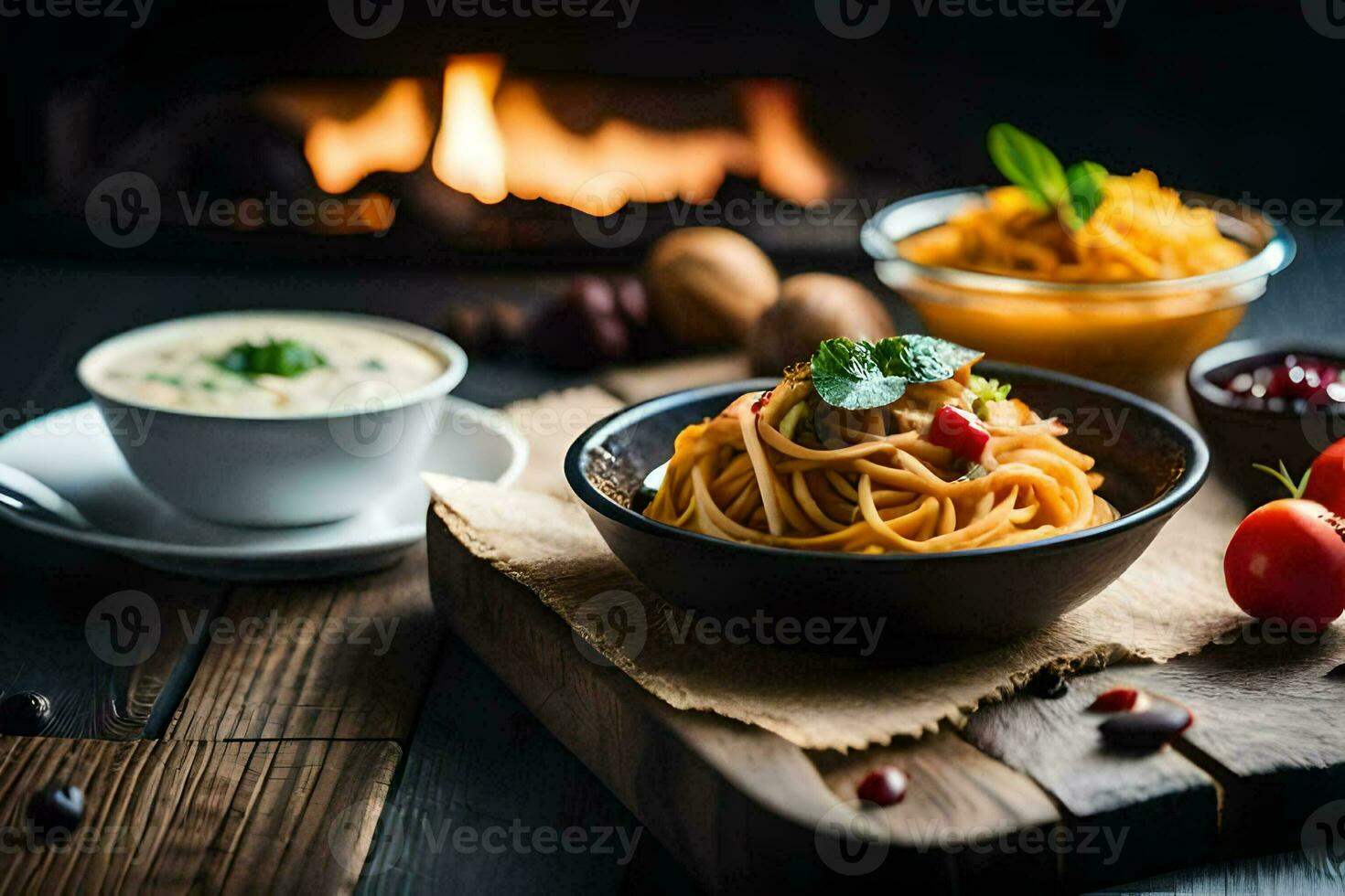 espaguete com carne molho e legumes em uma de madeira mesa. gerado por IA foto