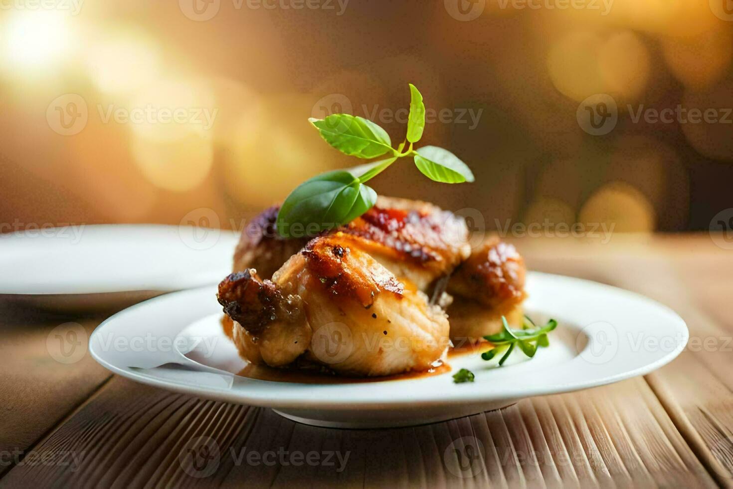 uma frango em uma prato com uma verde folha. gerado por IA foto
