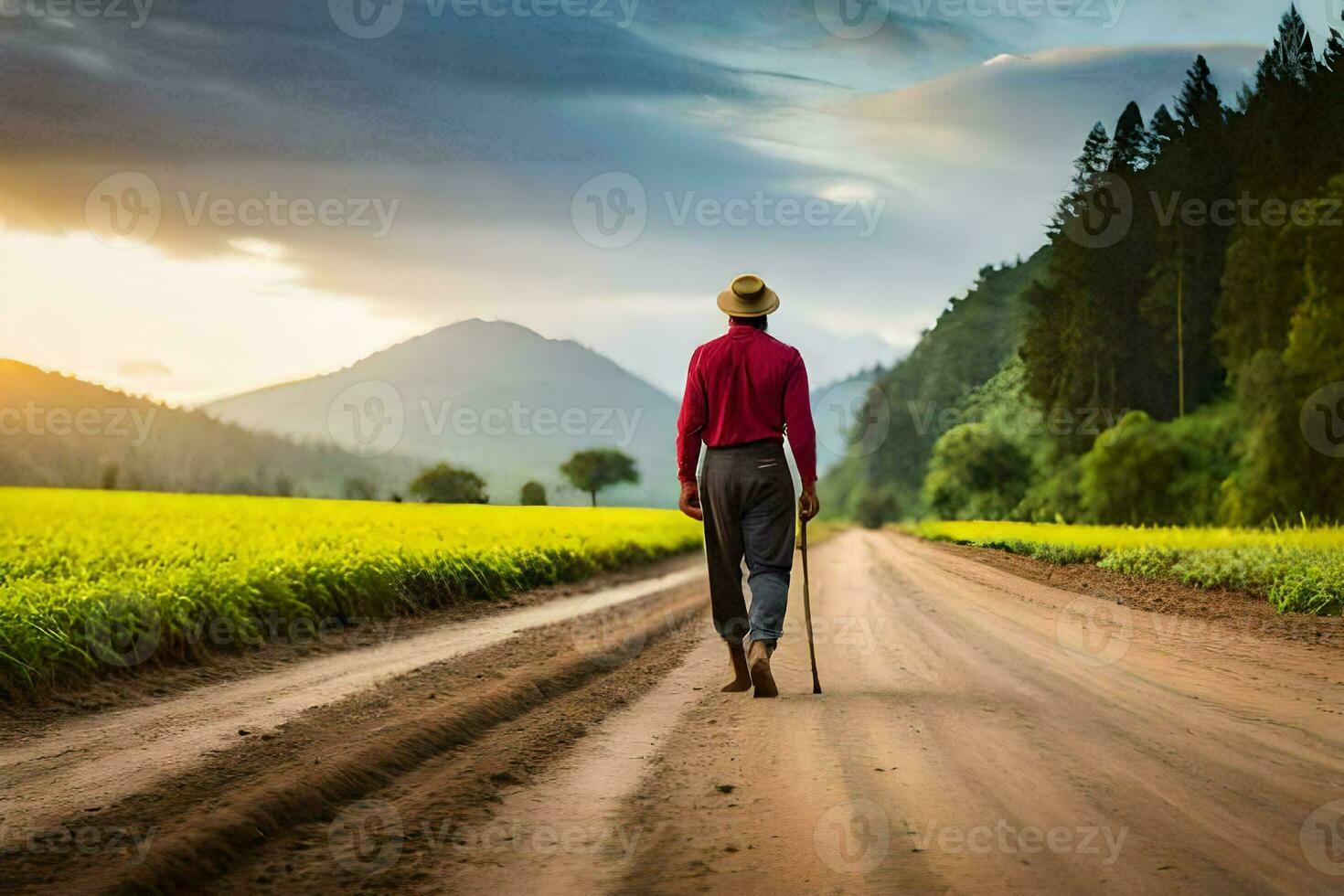 uma homem caminhando baixa uma sujeira estrada com uma bengala. gerado por IA foto