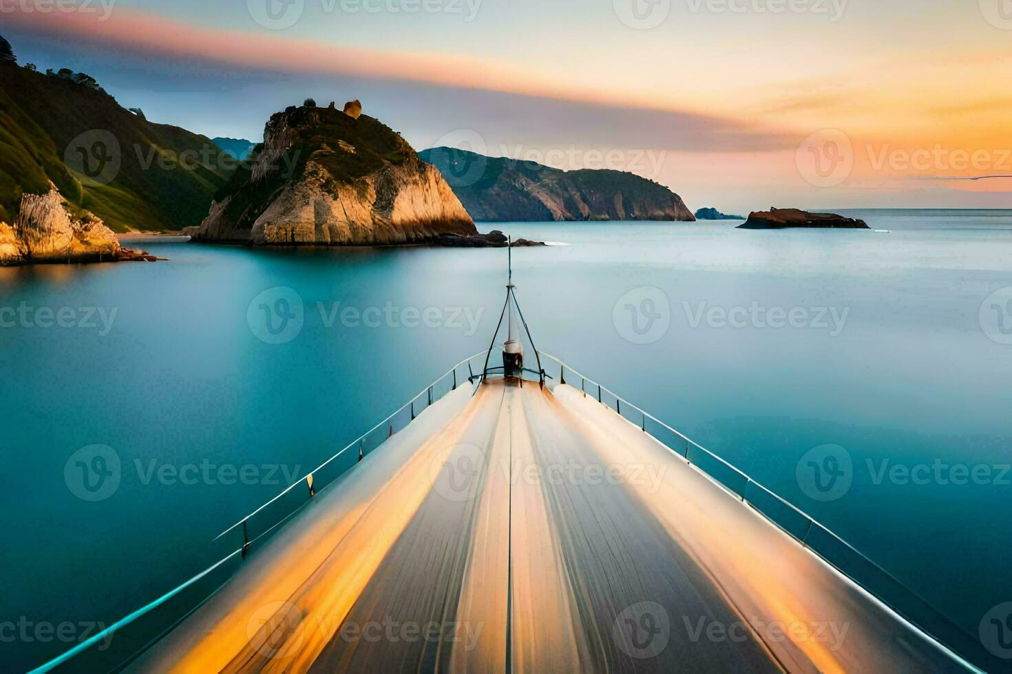 uma barco é viajando através a oceano às pôr do sol. gerado por IA foto