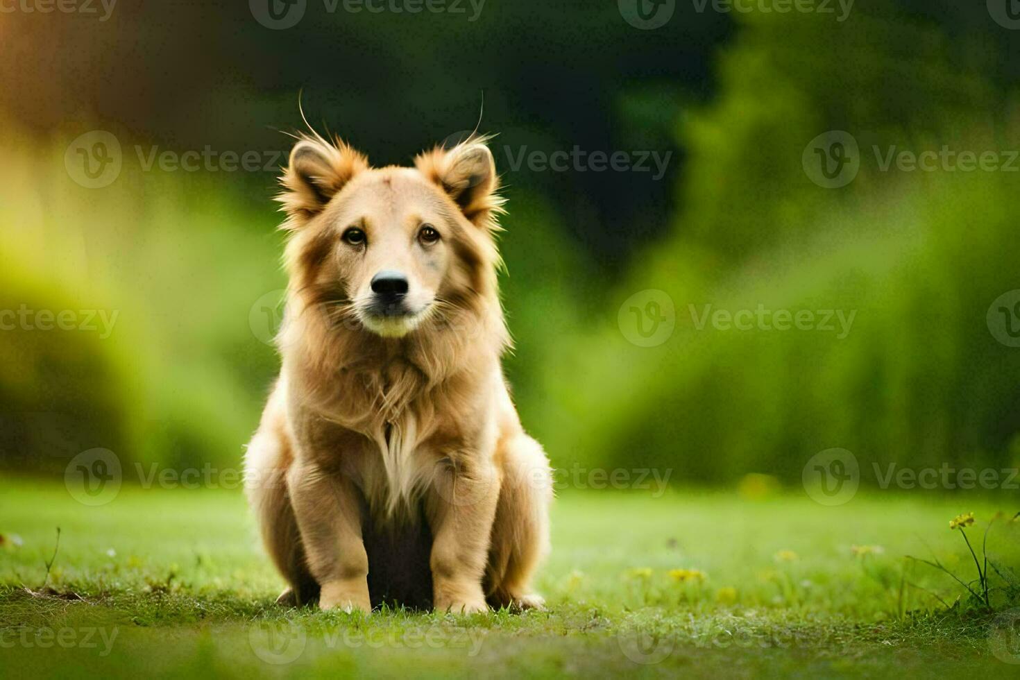 uma cachorro sentado dentro a grama. gerado por IA foto