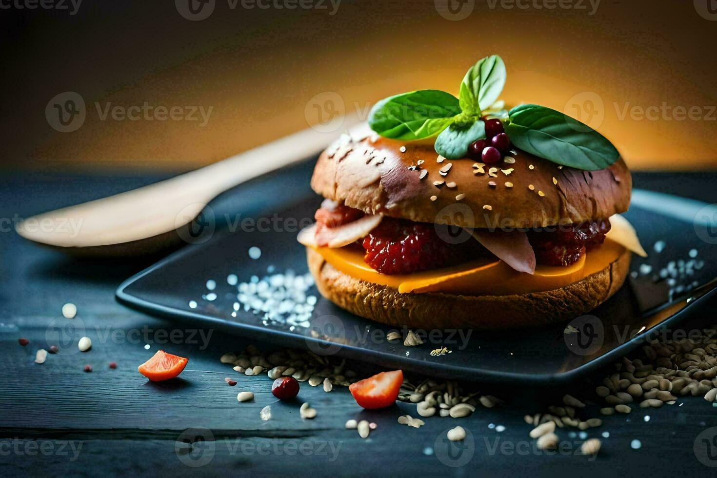 uma Hamburger com queijo, morangos e ervas em uma Preto placa. gerado por IA foto