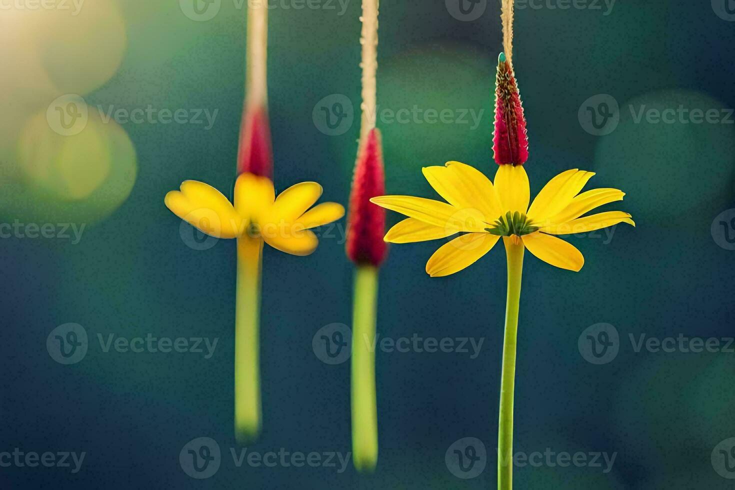 três amarelo flores suspensão a partir de cordas. gerado por IA foto