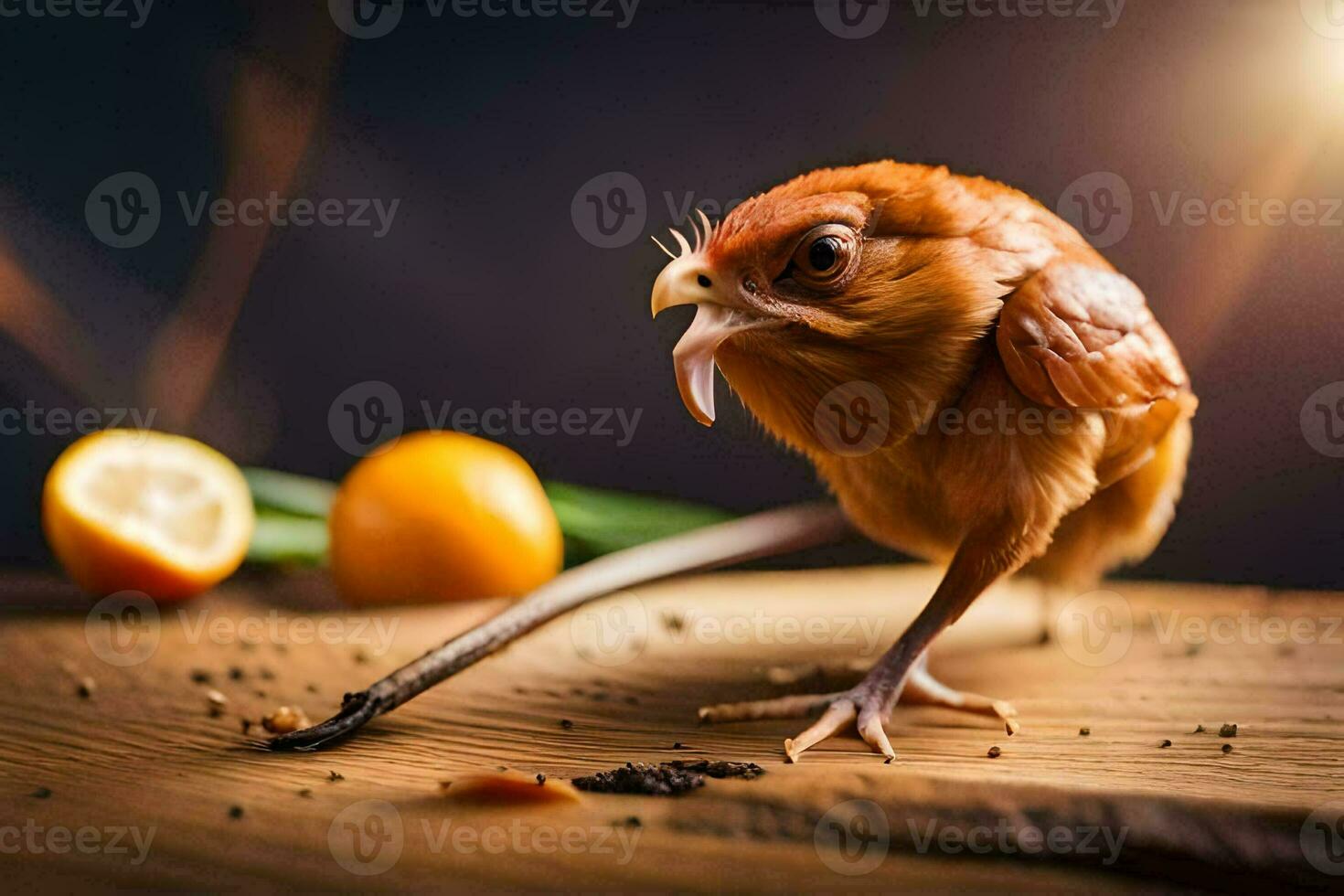 uma pequeno pássaro com Está bico aberto e uma limão. gerado por IA foto