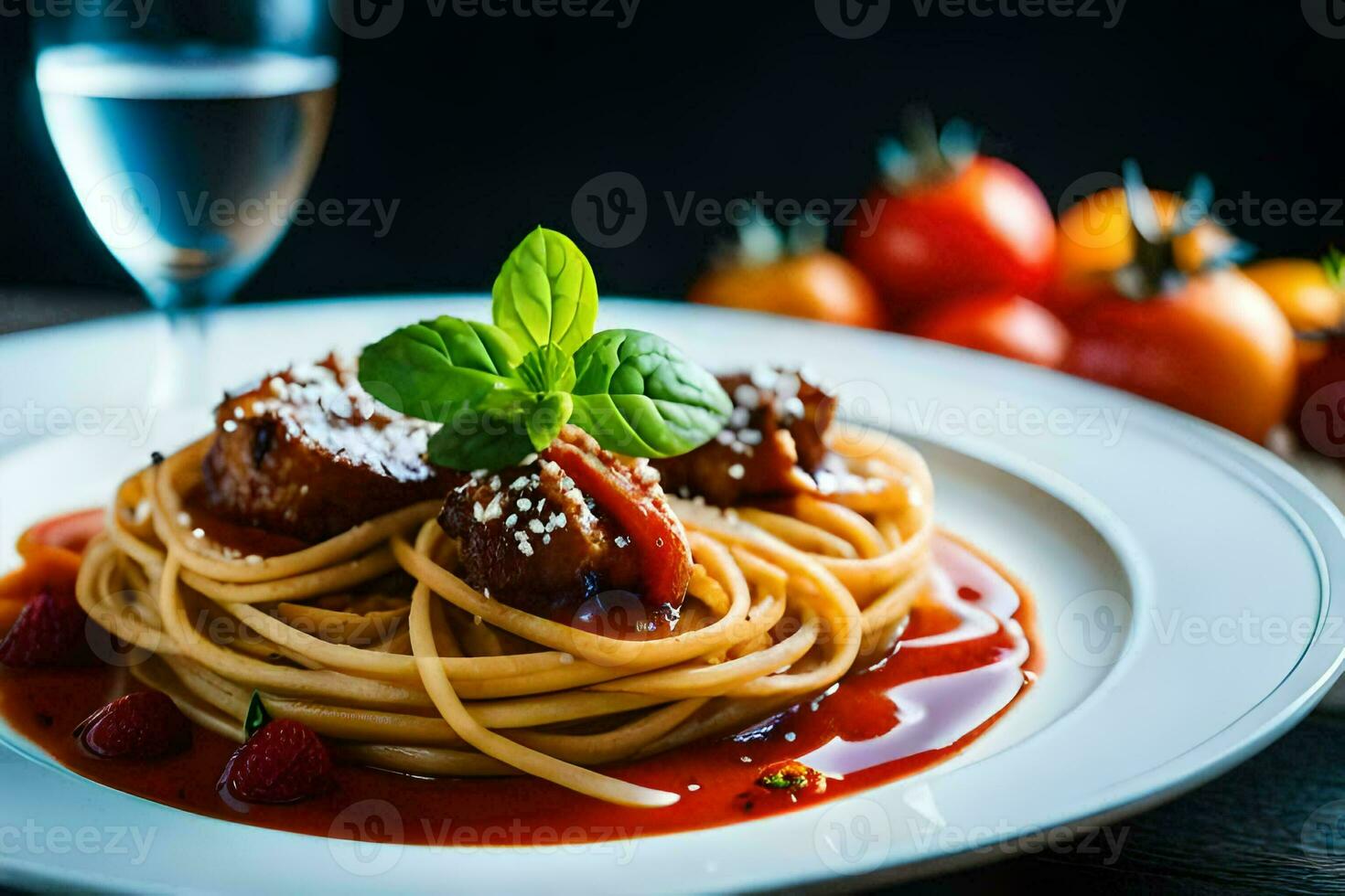 espaguete com almôndegas e tomate molho em uma branco placa. gerado por IA foto