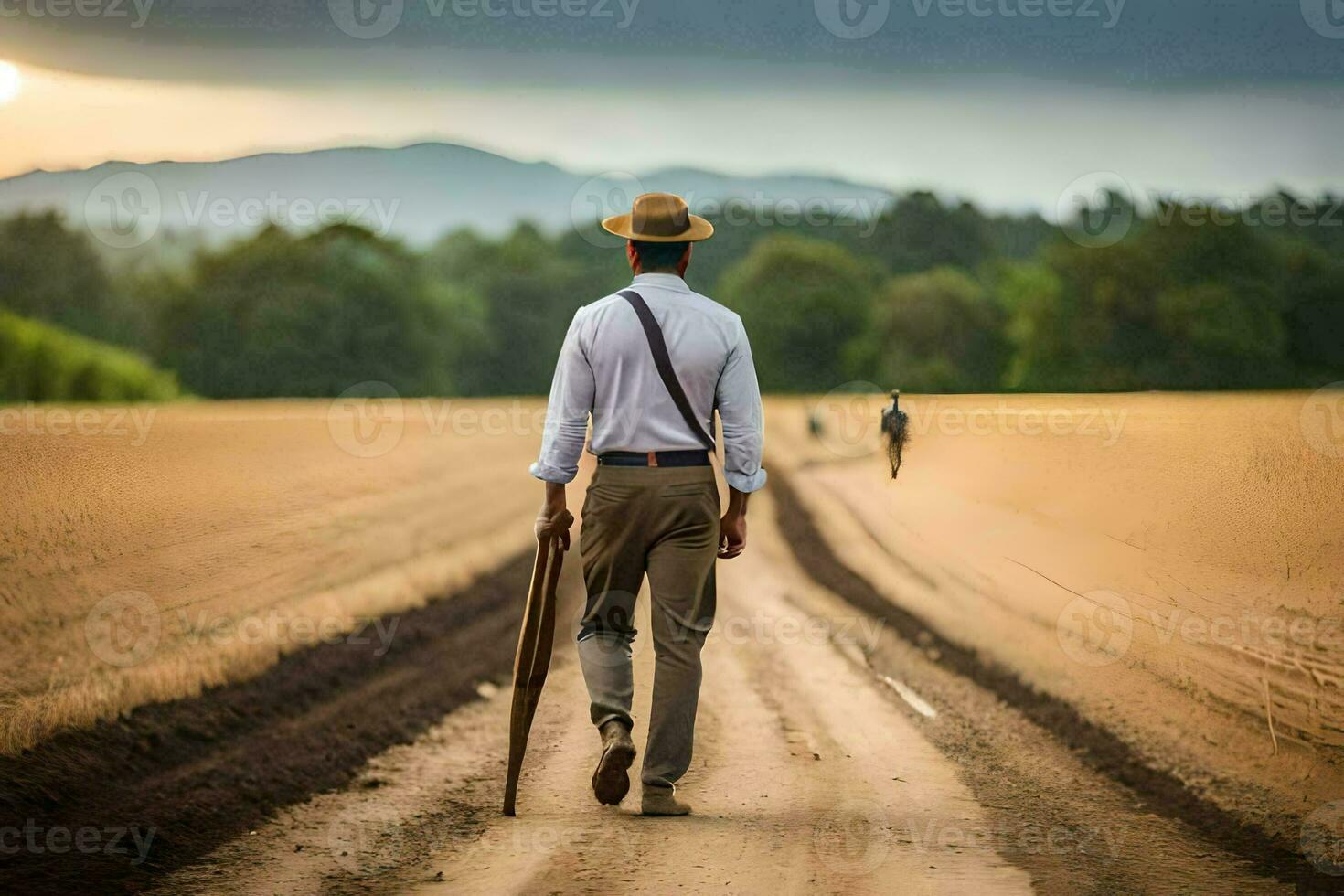 uma homem caminhando baixa uma sujeira estrada com uma mala. gerado por IA foto