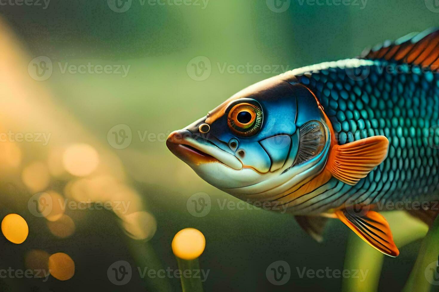 uma peixe com brilhante azul olhos e uma grandes cauda. gerado por IA foto