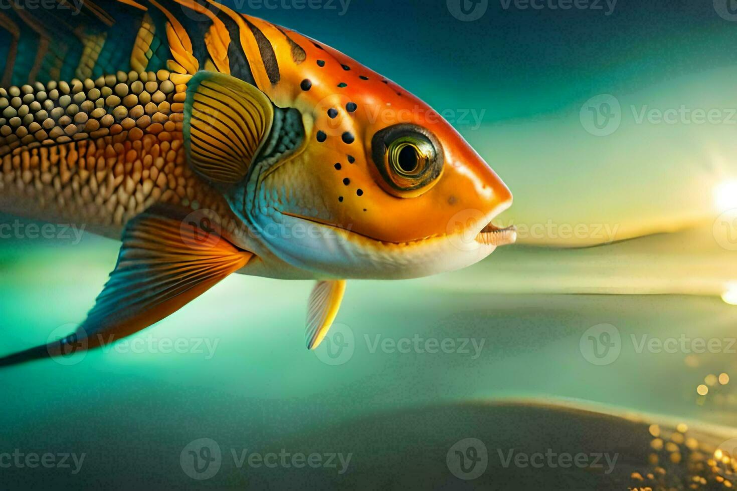 uma peixe com uma amarelo e laranja corpo é mostrando dentro a água. gerado por IA foto