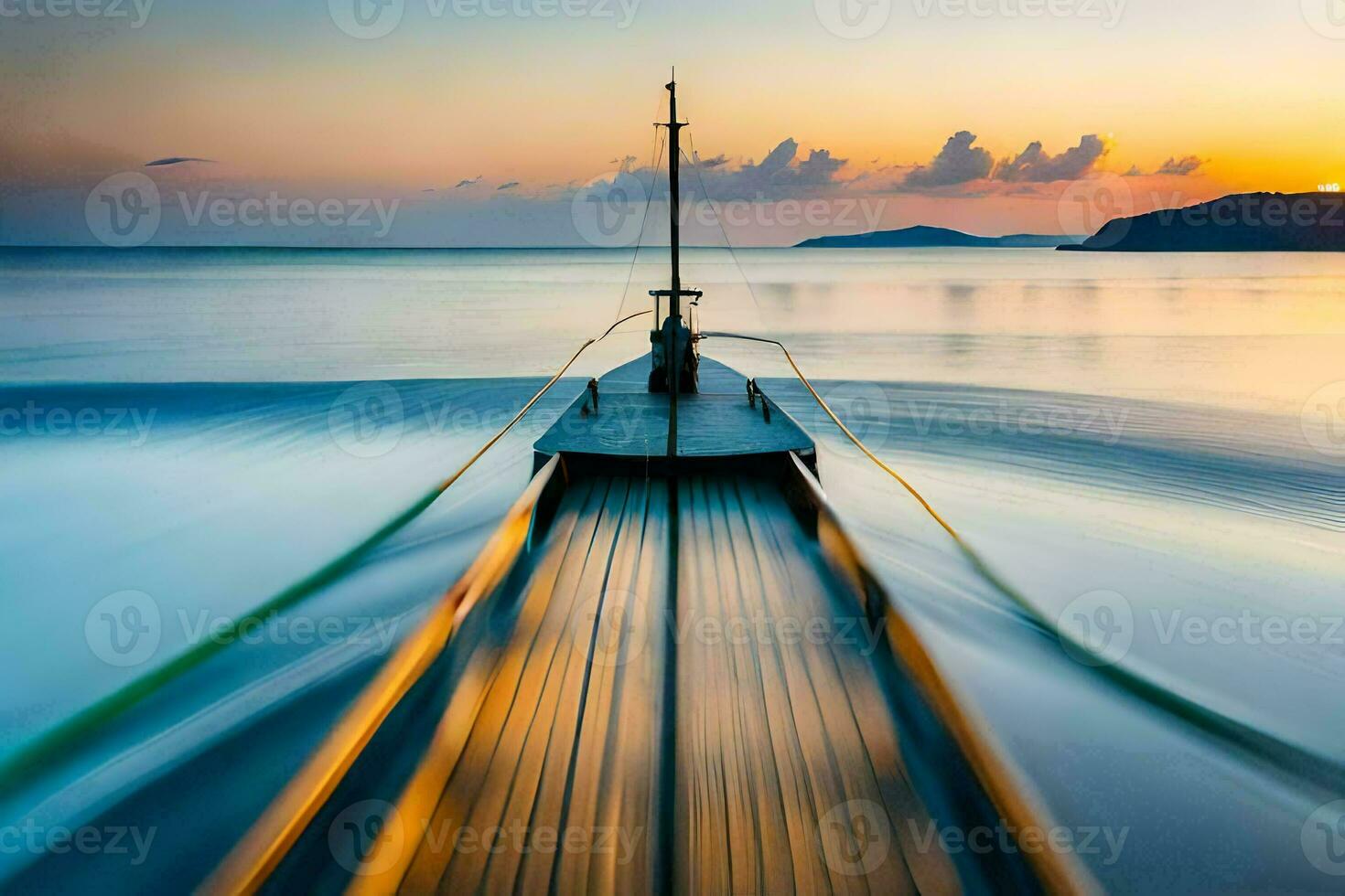 uma barco é Navegando dentro a oceano às pôr do sol. gerado por IA foto