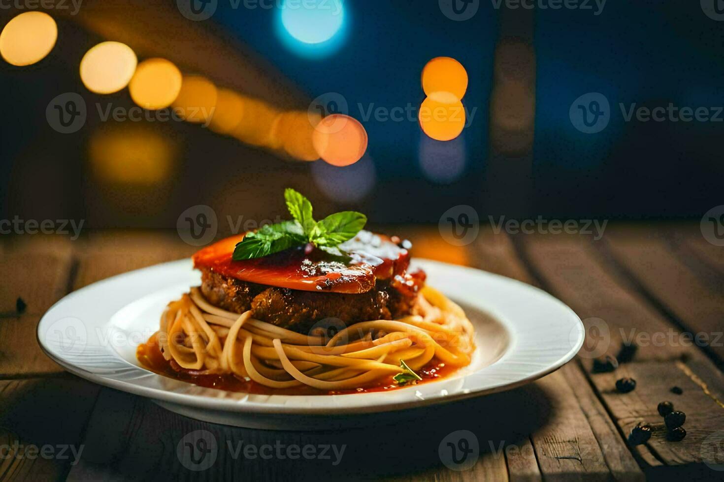 espaguete com carne e tomate molho em uma placa. gerado por IA foto