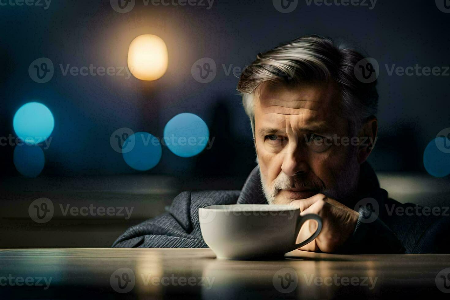 uma homem com cinzento cabelo sentado às uma mesa com uma copo do café. gerado por IA foto