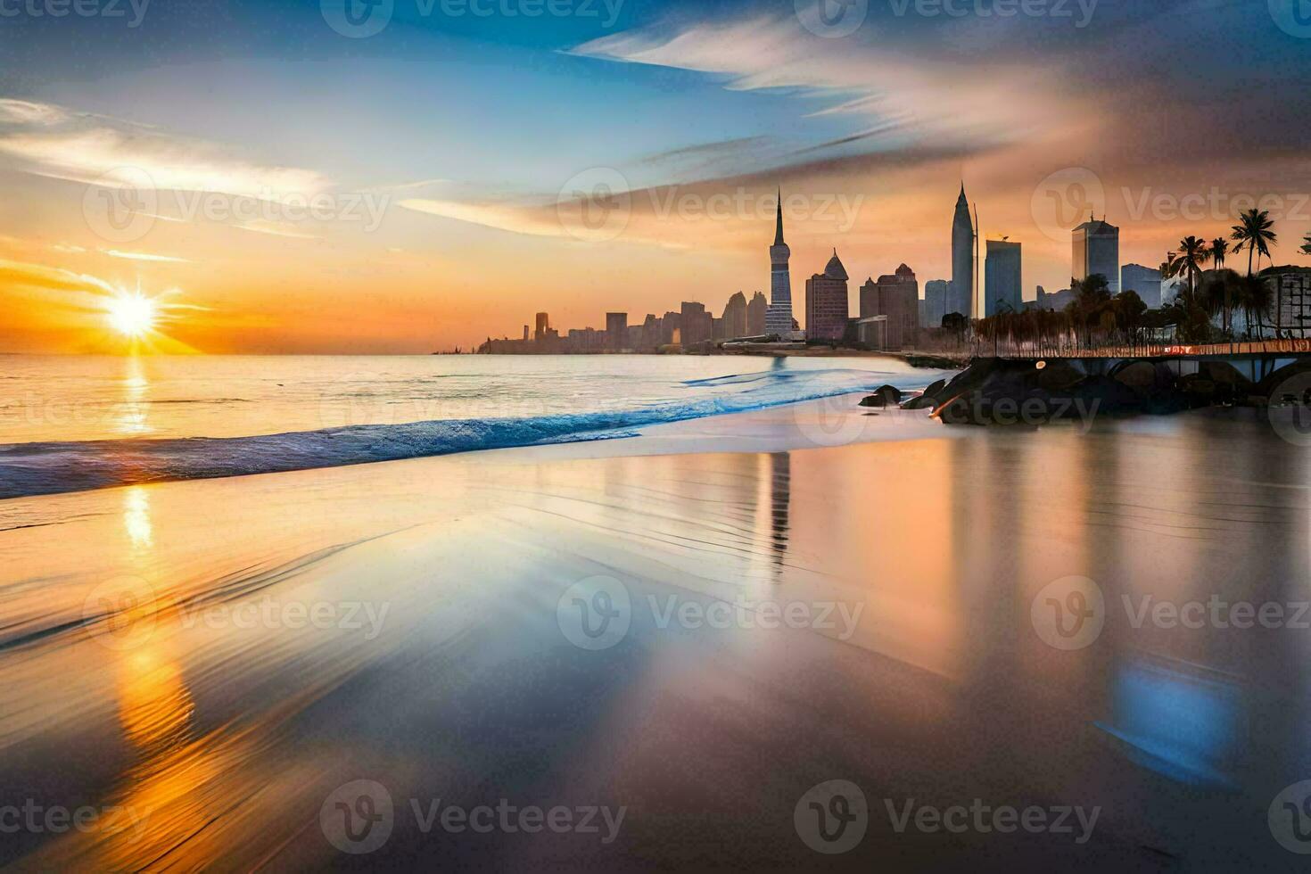 a Sol conjuntos sobre a cidade Horizonte dentro dubai. gerado por IA foto