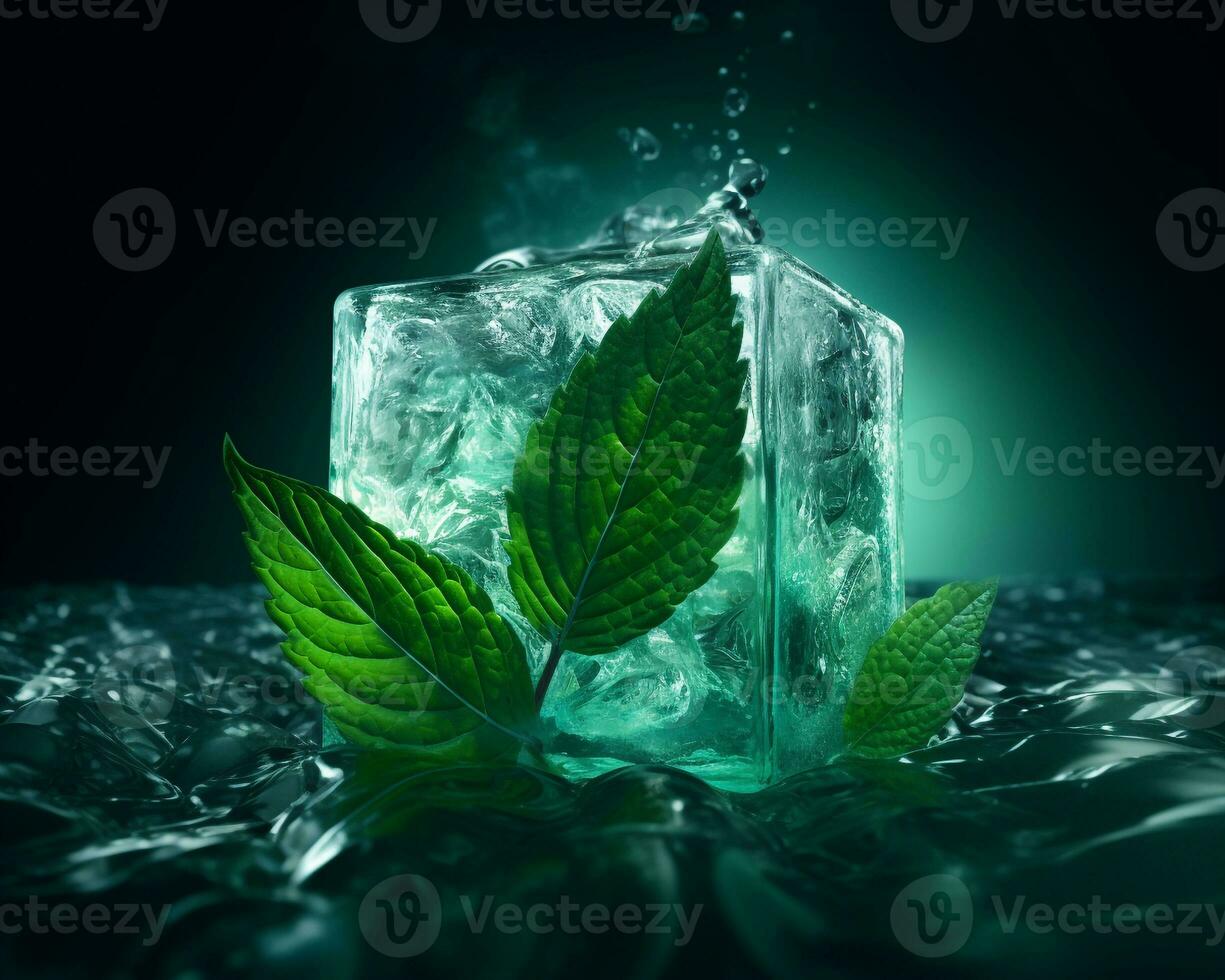 fresco hortelã folhas com quadrado forma gelo cubos. criativo fotografia do mentol produtos. ai gerado foto