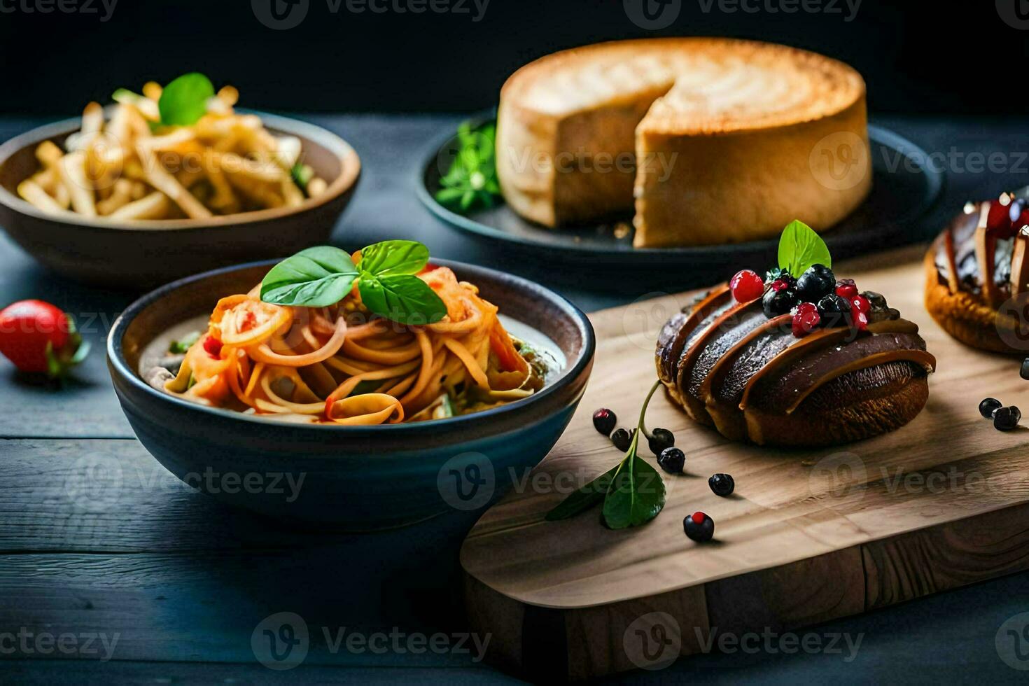 uma de madeira corte borda com vários Comida Unid. gerado por IA foto