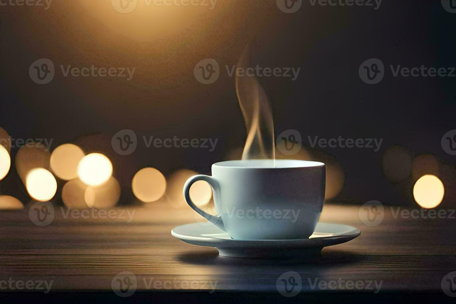 uma copo do café em uma mesa com bokeh luzes. gerado por IA foto