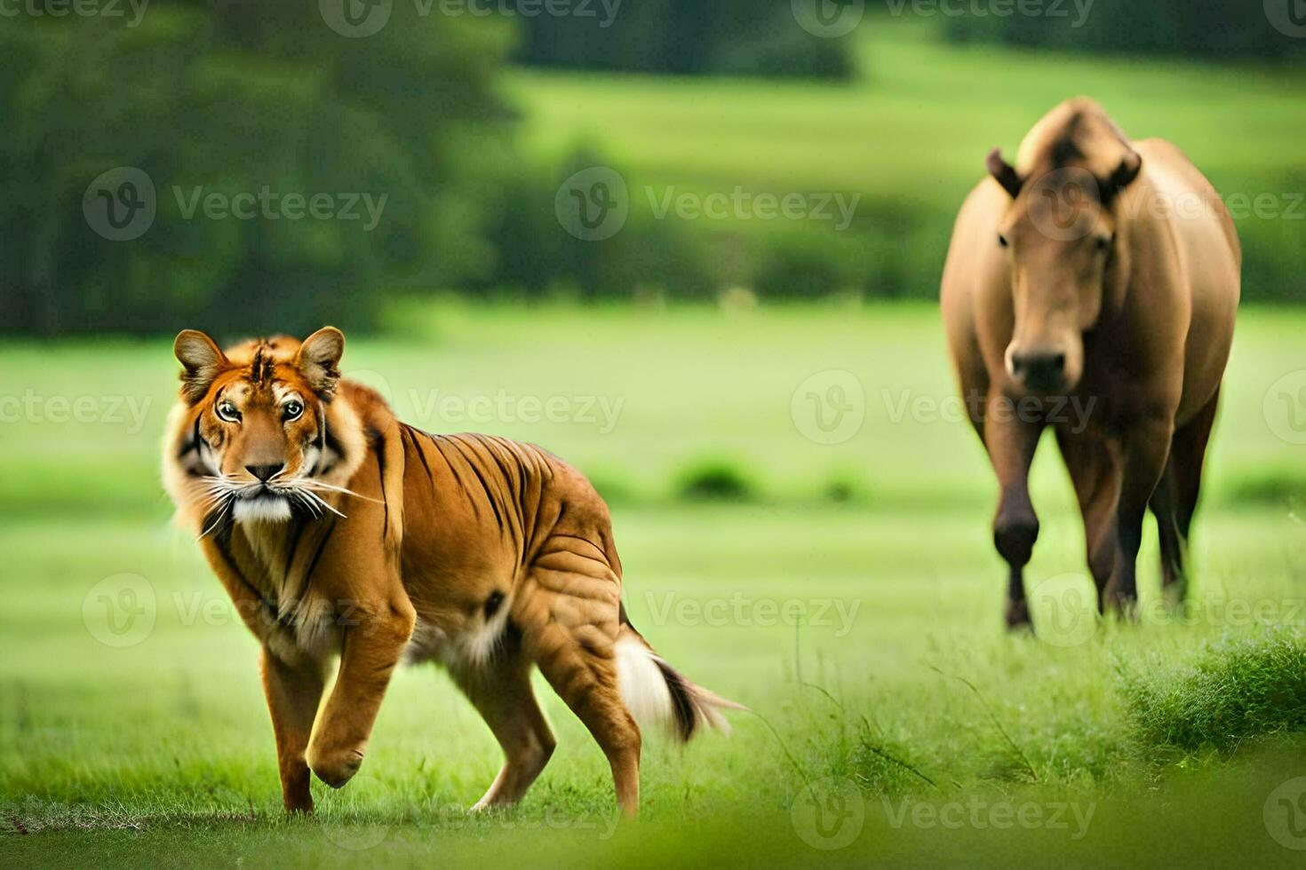 uma tigre e uma cavalo dentro uma campo. gerado por IA foto