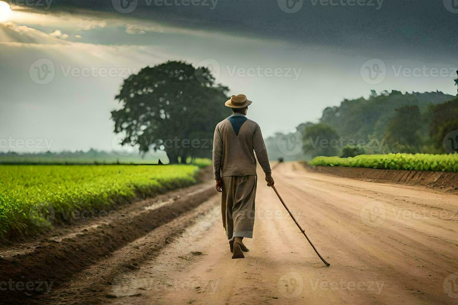 uma homem caminhando baixa uma sujeira estrada com bengala. gerado por IA foto