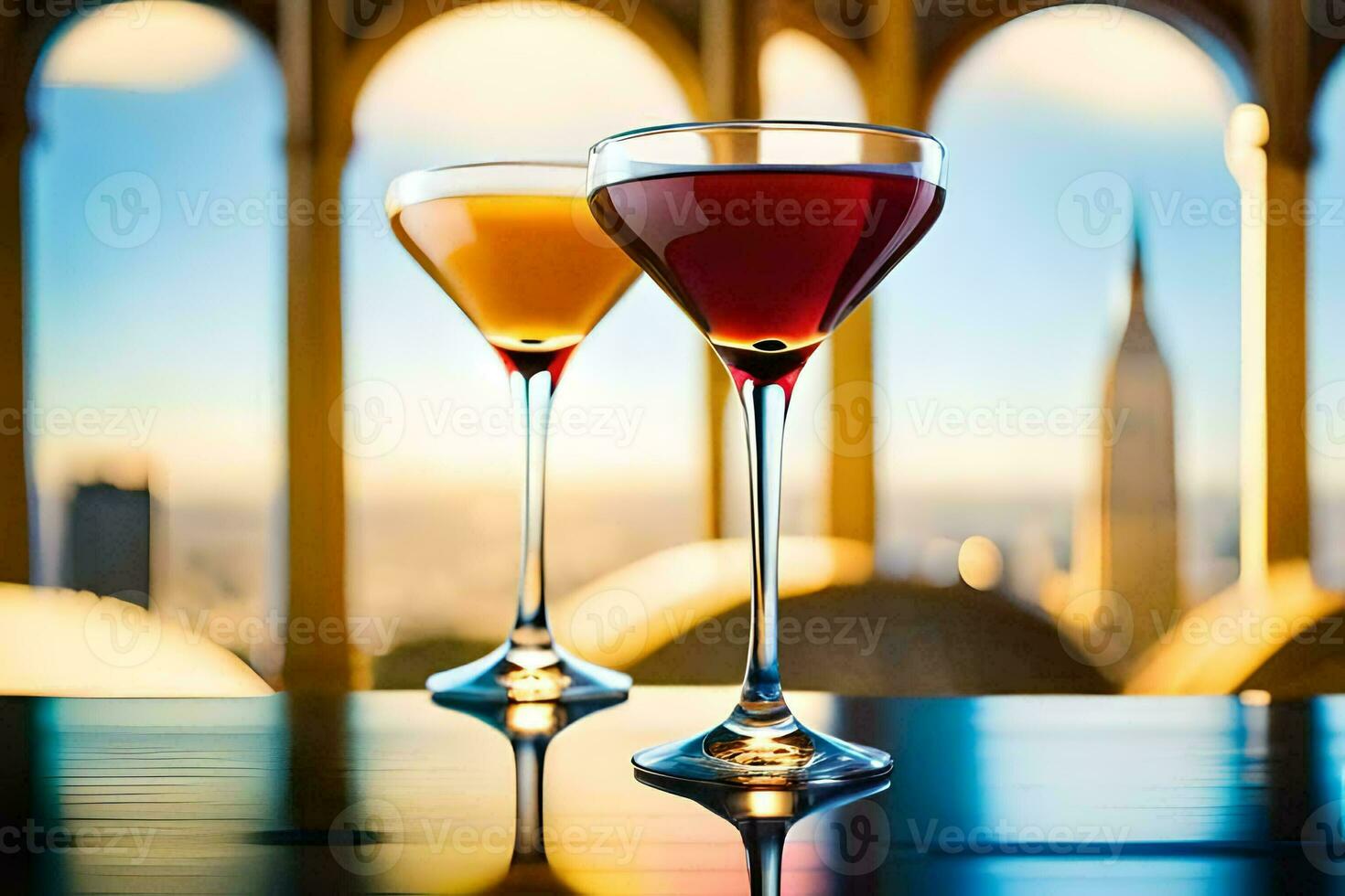 dois óculos do coquetéis em uma mesa com uma Visão do a cidade. gerado por IA foto