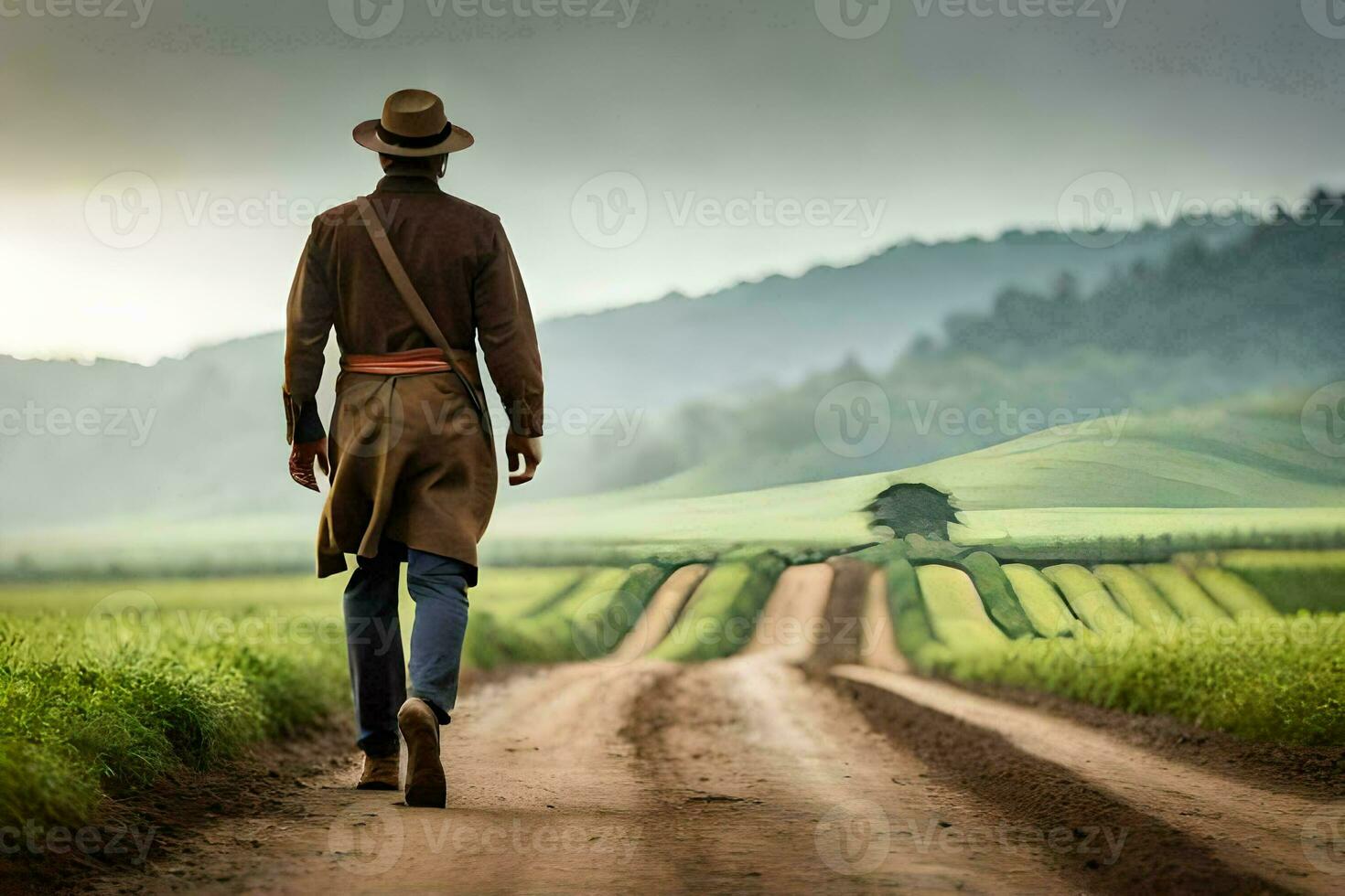 uma homem dentro uma vaqueiro chapéu caminhando baixa uma sujeira estrada. gerado por IA foto