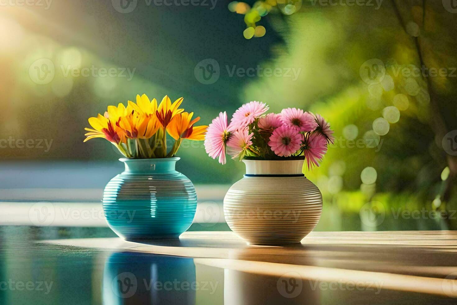 dois vasos com flores sentado em uma mesa. gerado por IA foto