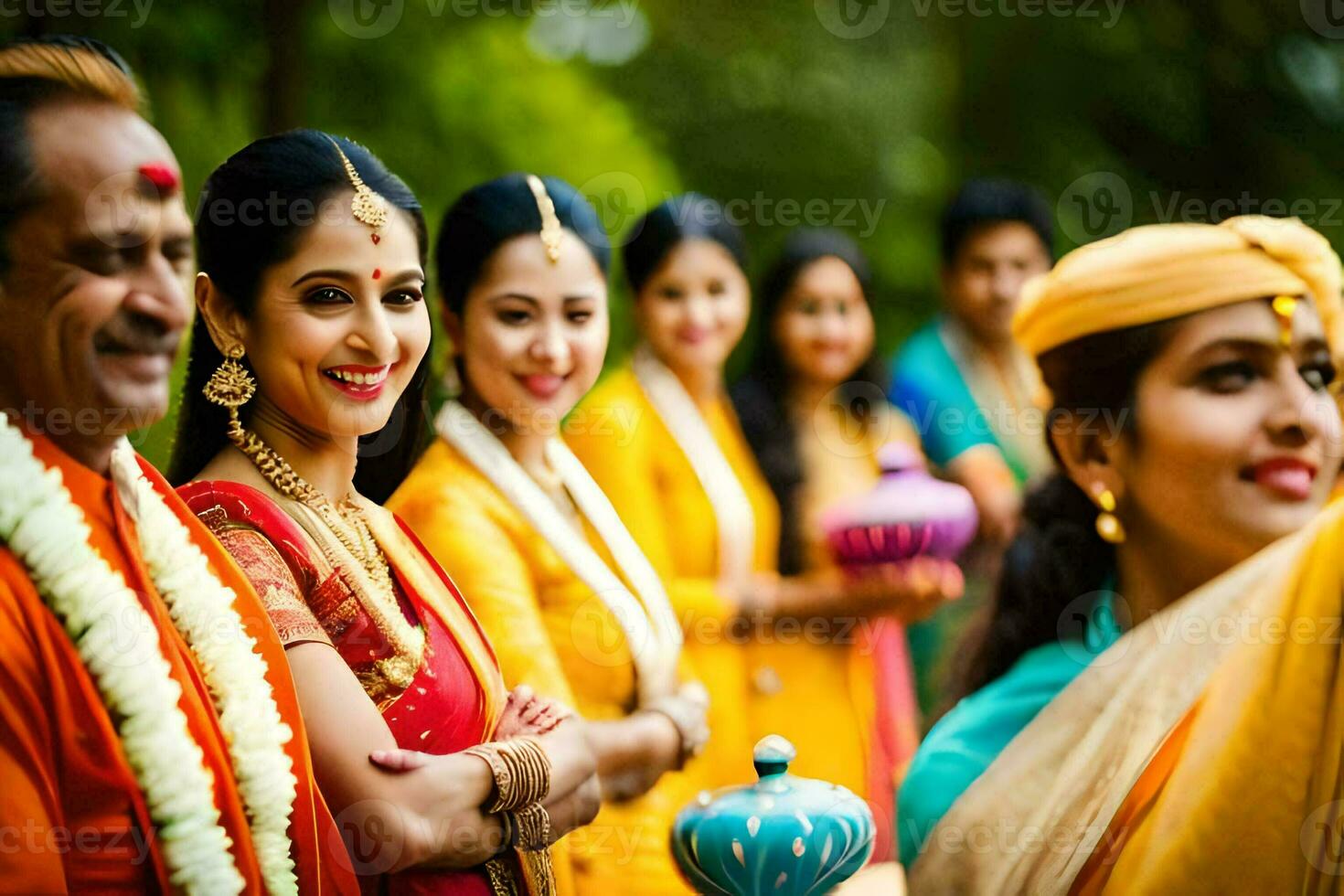 indiano mulheres dentro tradicional vestuário com seus crianças. gerado por IA foto