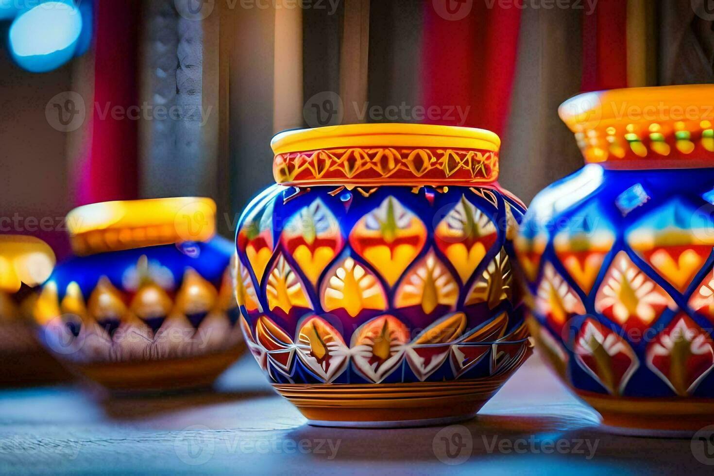 três colorida vasos estão em uma mesa. gerado por IA foto