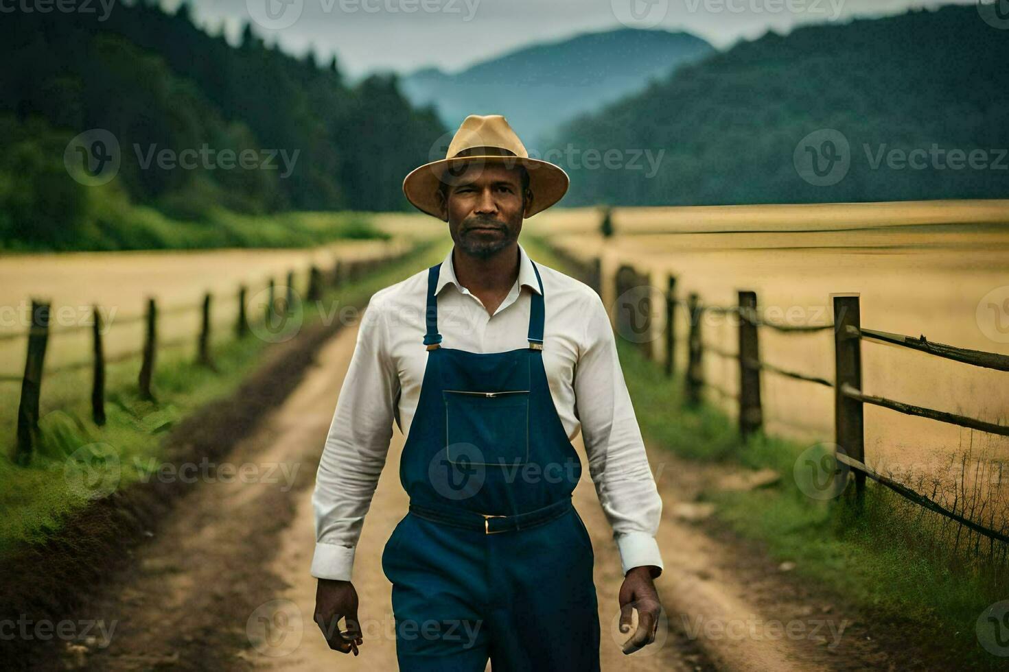 uma homem dentro macacão e chapéu caminhando baixa uma sujeira estrada. gerado por IA foto