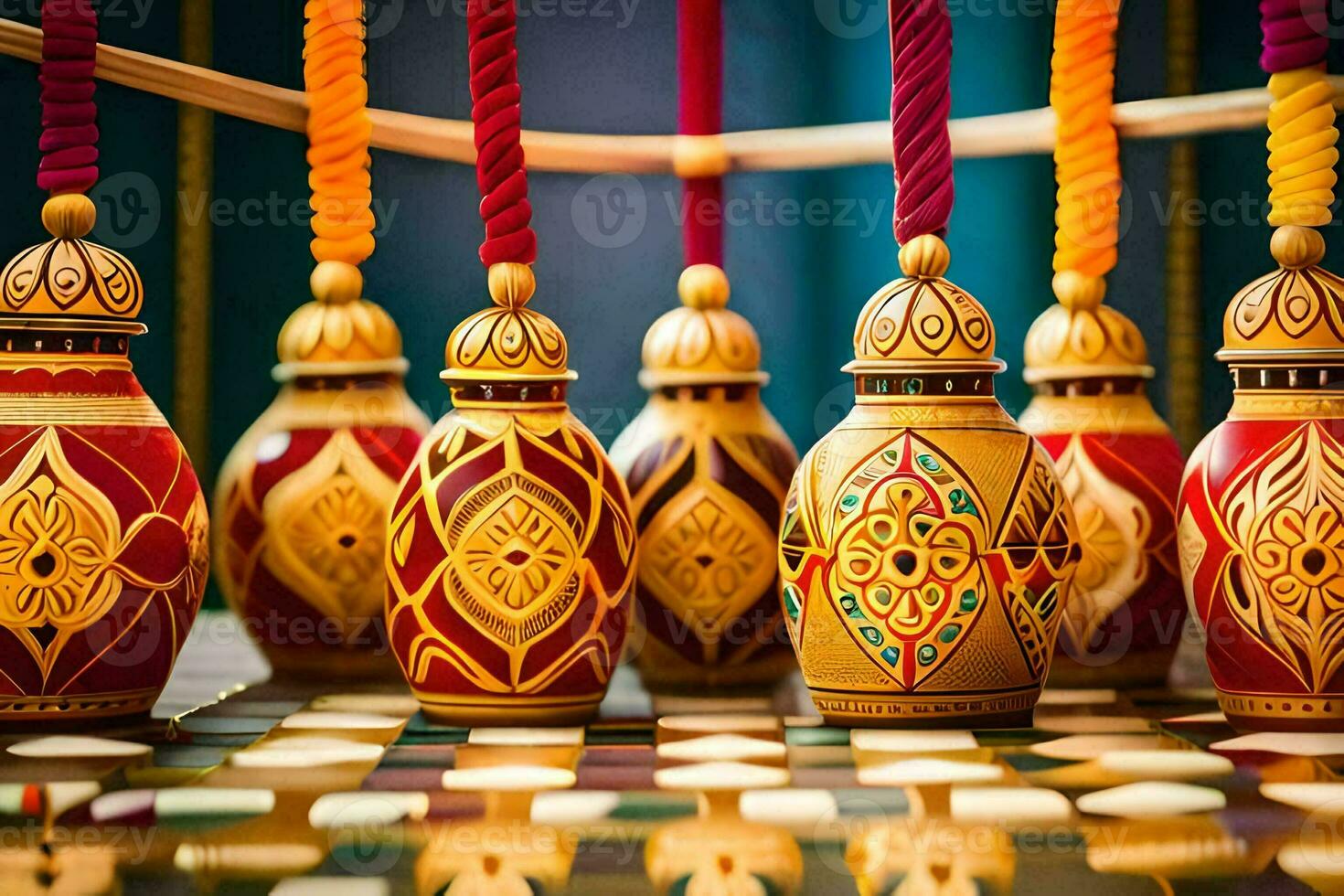 uma grupo do colorida de madeira vasos com cordas. gerado por IA foto