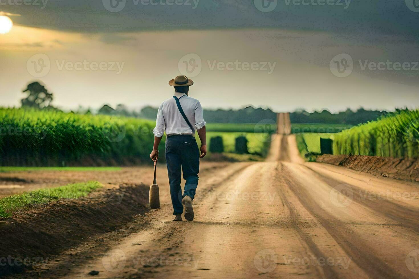 uma homem caminhando baixa uma sujeira estrada com uma forcado. gerado por IA foto