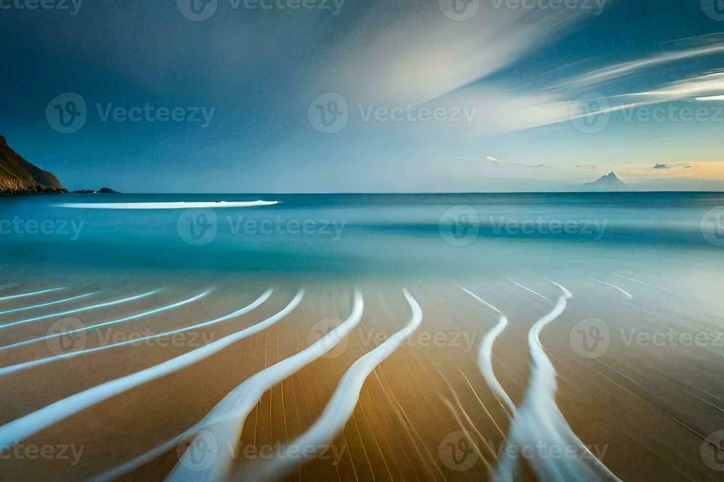 uma grandes exposição fotografia do ondas em a de praia. gerado por IA foto