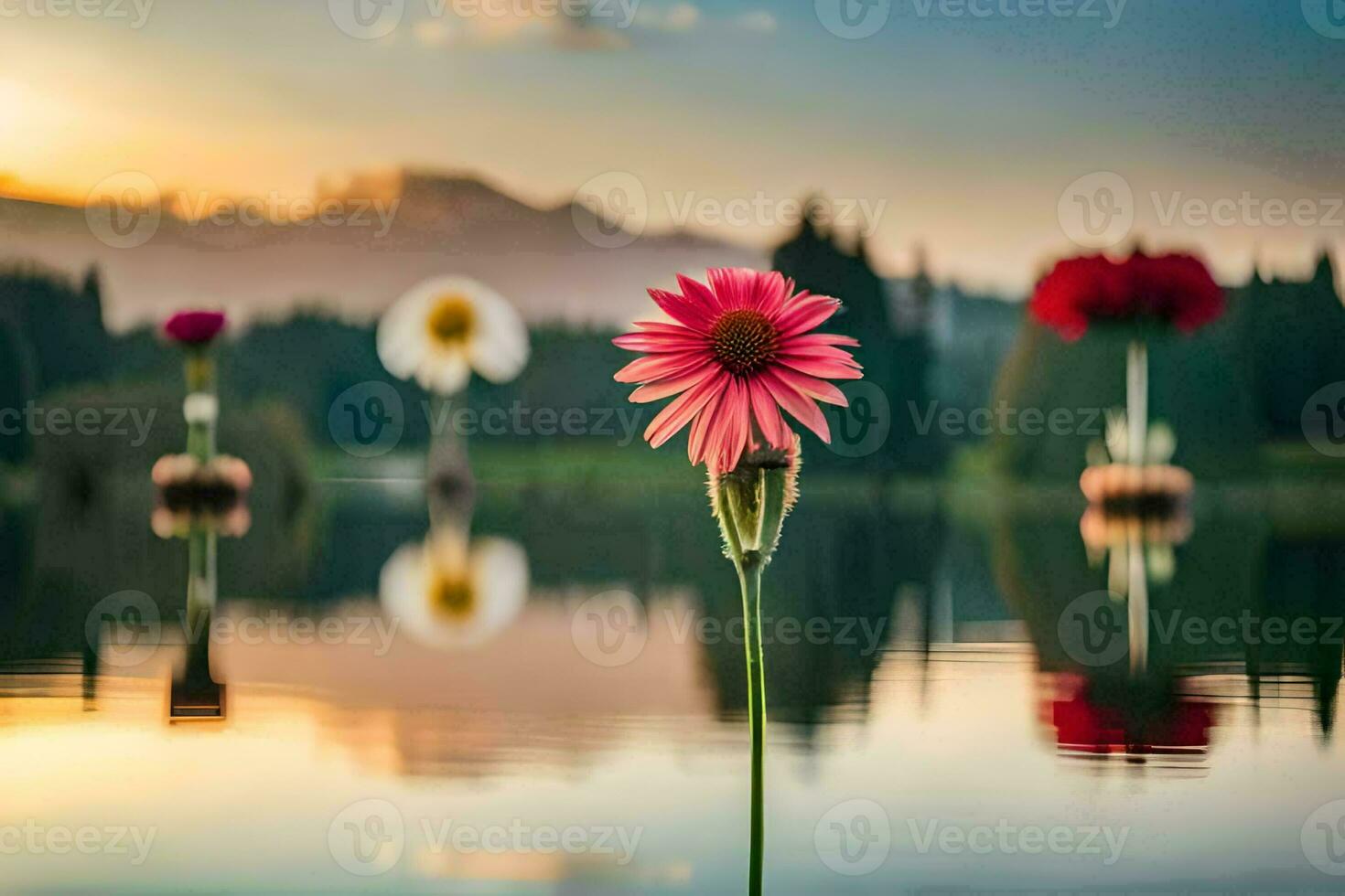 uma flor é em pé dentro a água com montanhas dentro a fundo. gerado por IA foto
