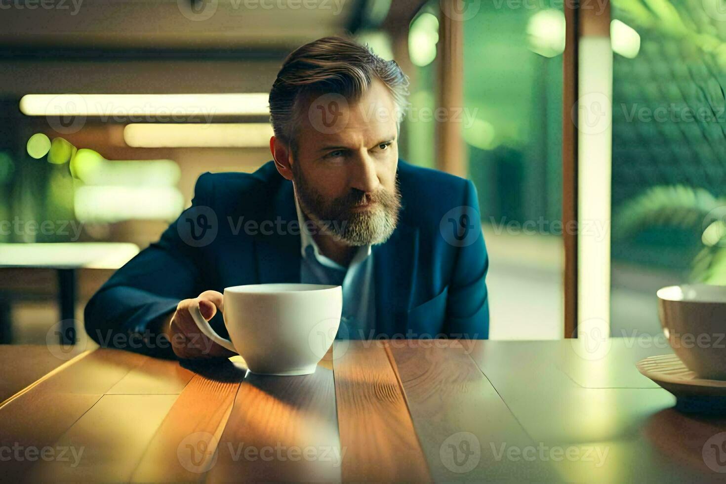 uma homem com uma barba sentado às uma mesa com dois copos. gerado por IA foto