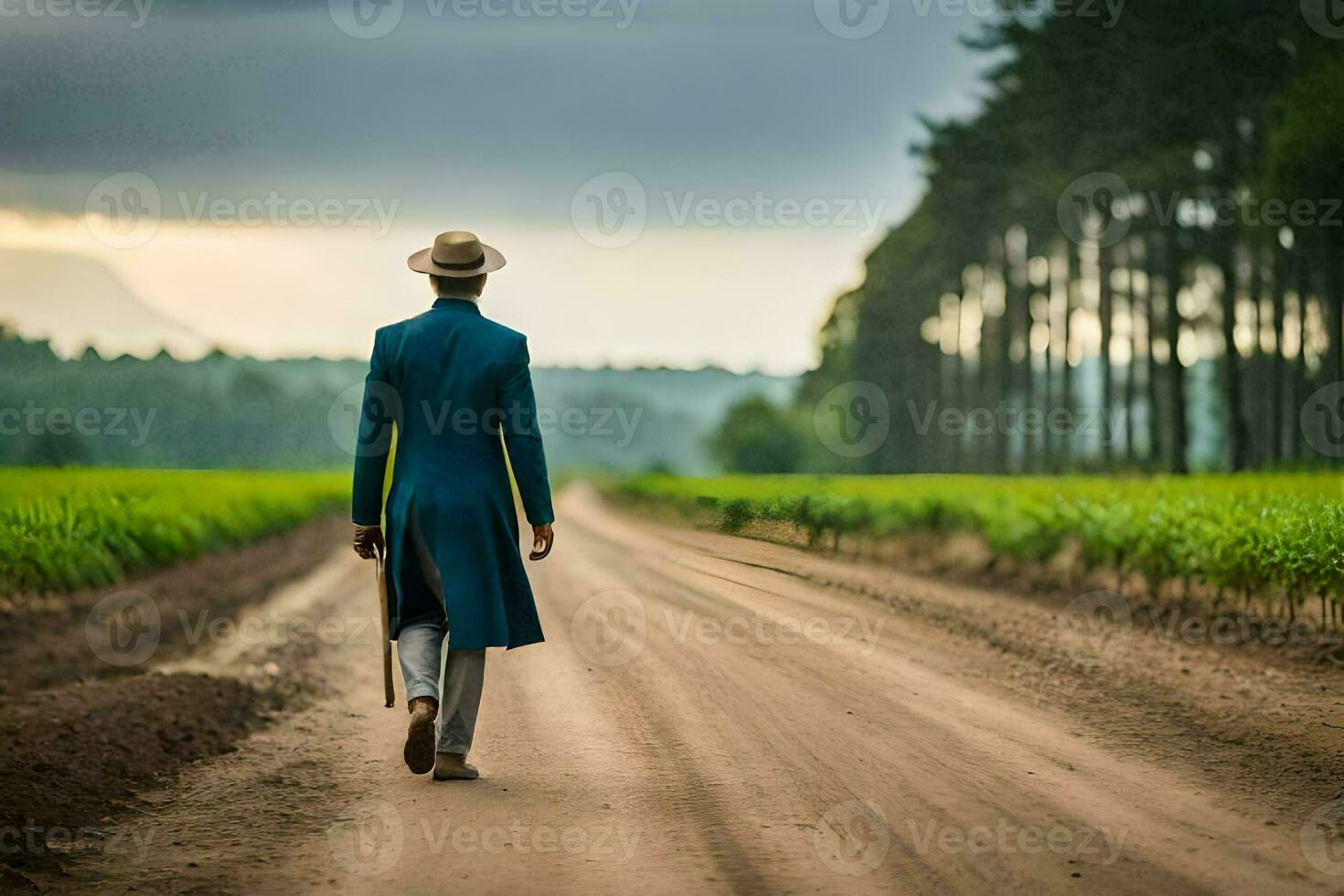 uma homem dentro uma azul terno anda em baixa uma sujeira estrada. gerado por IA foto