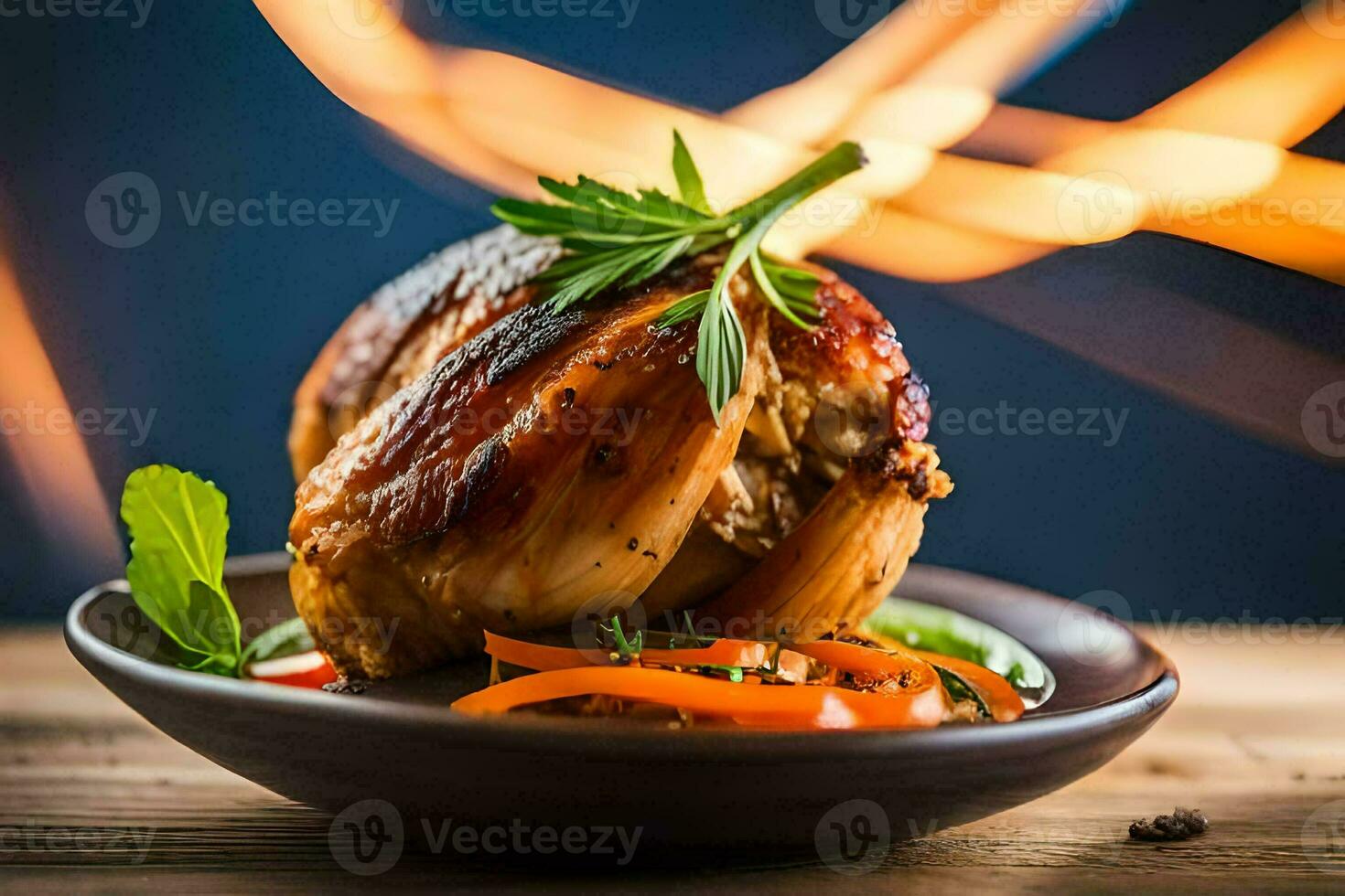 uma frango em uma prato com legumes e ervas. gerado por IA foto
