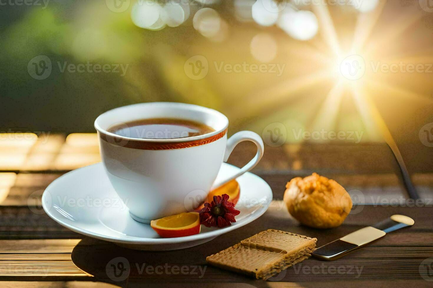 uma copo do chá com uma fatia do laranja e uma bolacha. gerado por IA foto