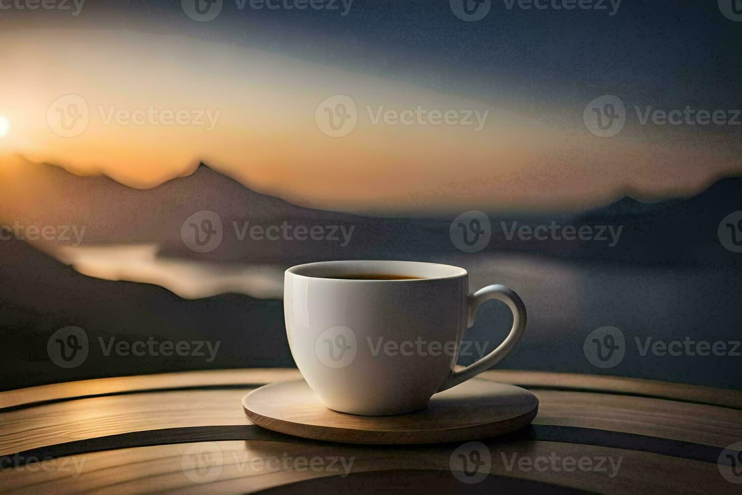 uma copo do café em uma de madeira mesa dentro frente do uma lindo pôr do sol. gerado por IA foto
