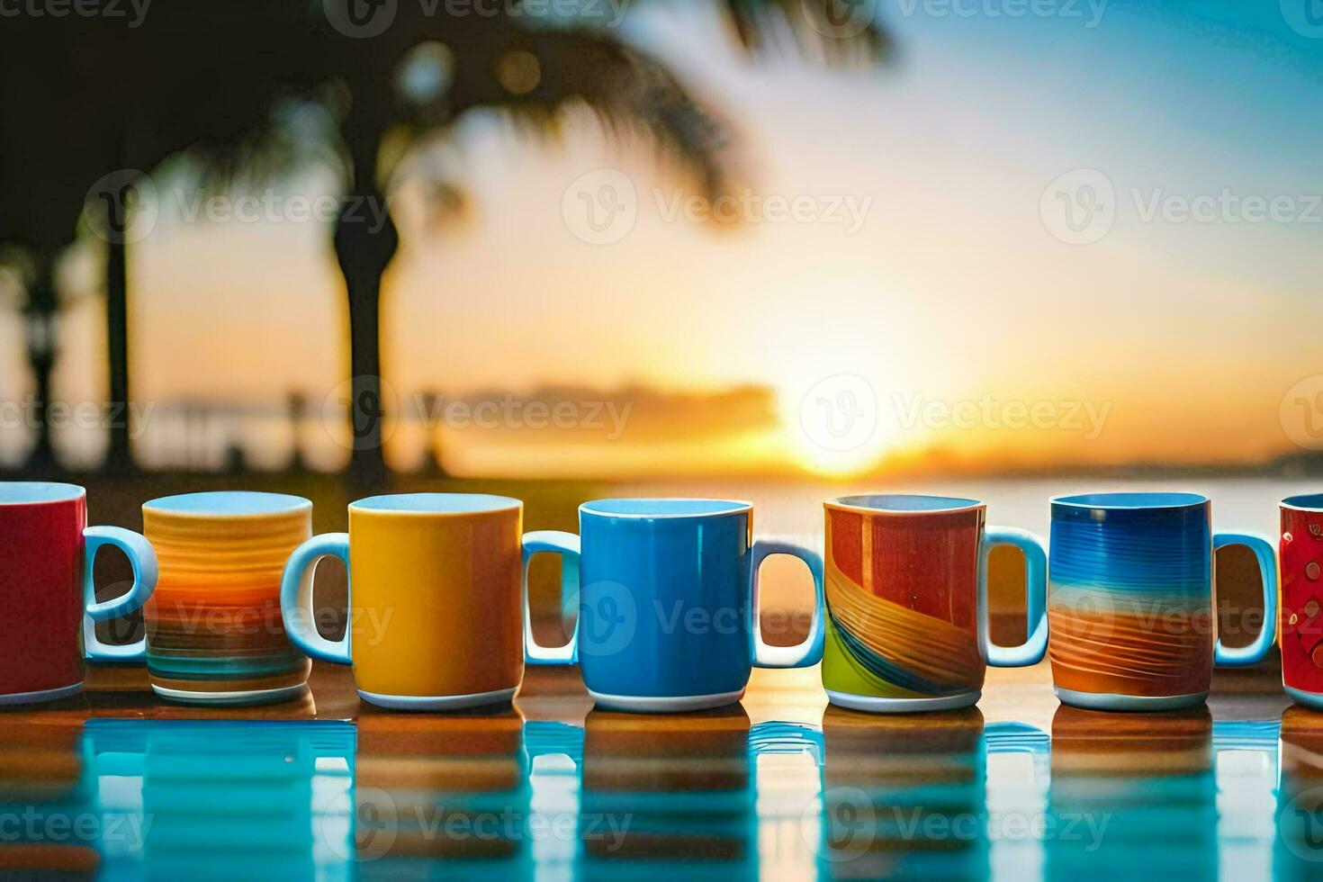 colorida café canecas forrado acima em uma mesa. gerado por IA foto