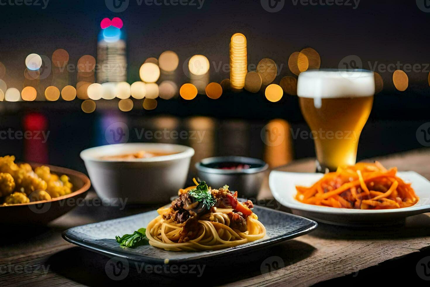 a Comida e beber estão em uma mesa com uma paisagem urbana dentro a fundo. gerado por IA foto