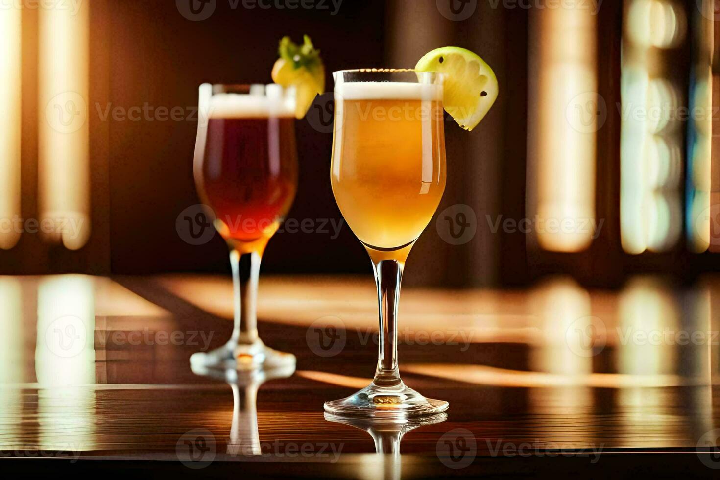dois óculos do alcoólico bebidas sentar em uma mesa. gerado por IA foto