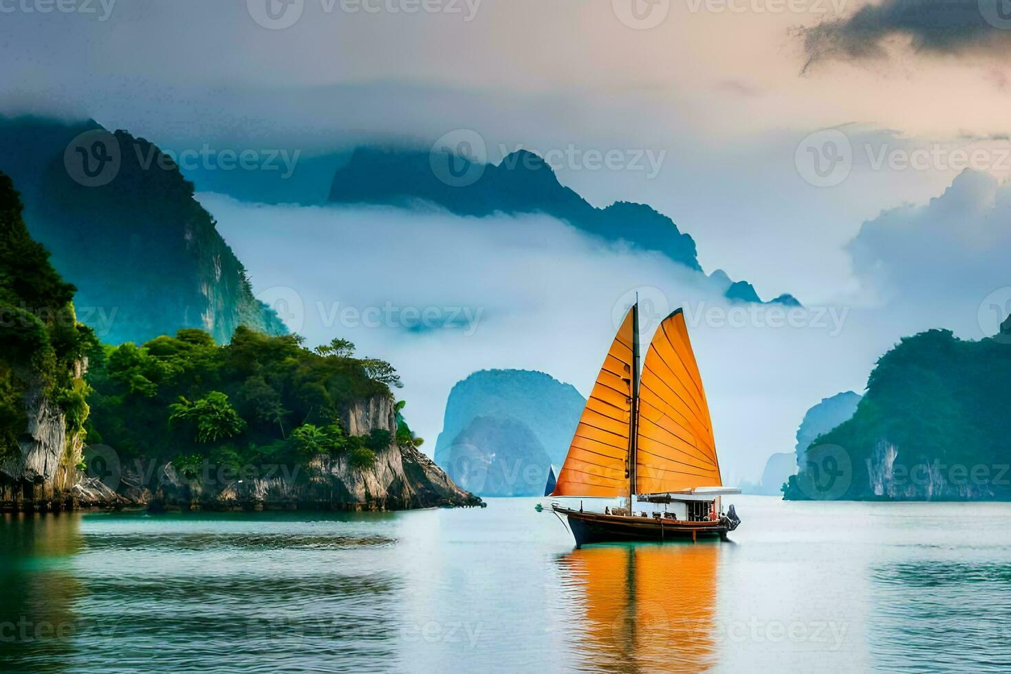 uma barco velas dentro a água perto montanhas. gerado por IA foto