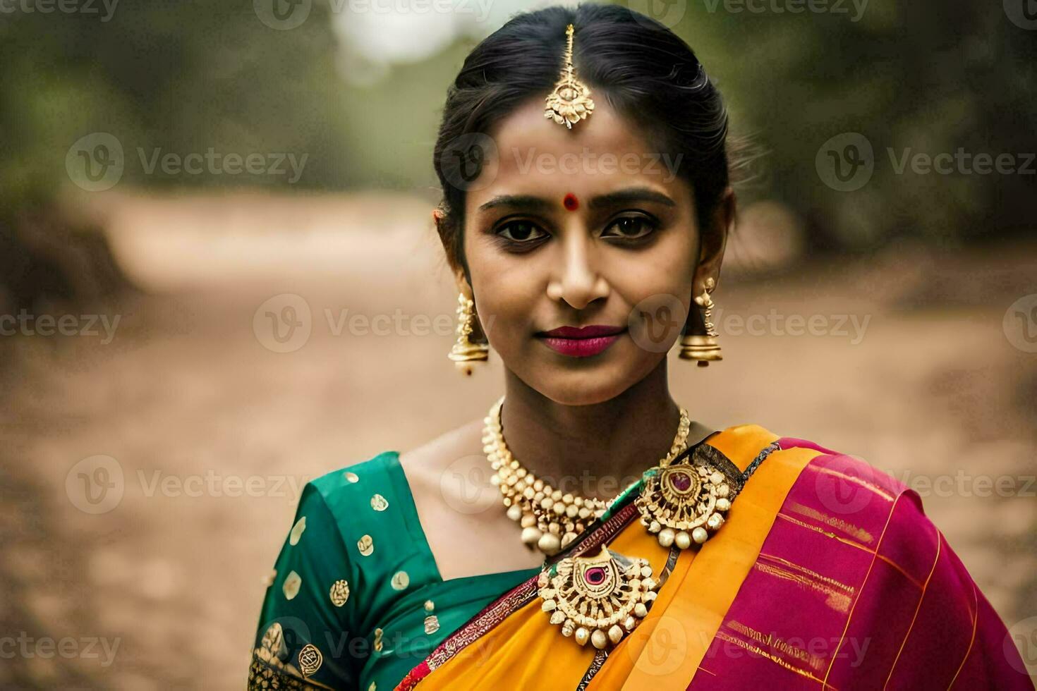 uma mulher dentro uma colorida sari poses para uma retrato. gerado por IA foto